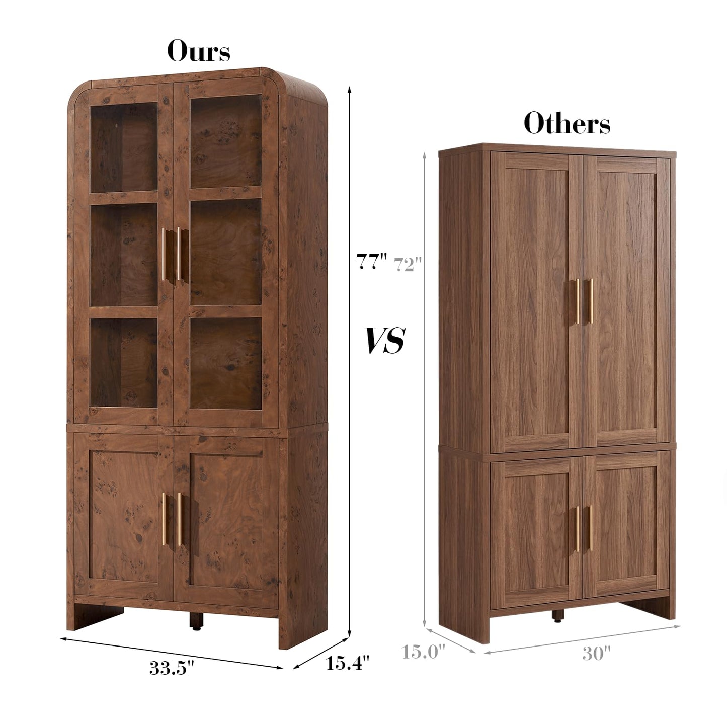 EliteSet 77" Tall Kitchen Pantry Cabinets, Wooden Curved Storage Cabinets with 2 Adjustable Shelves, 1.18'' Panel Freestanding Cupboard for Dining Room, Living Room, Bathroom, Dark Burl, 1Pcs