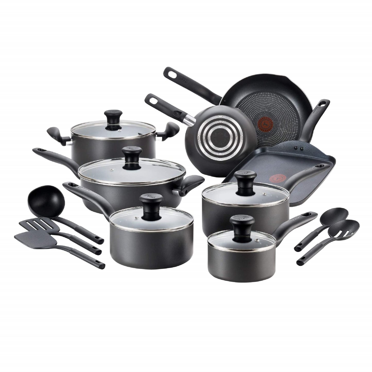 T-fal Initiatives Nonstick Cookware Set 18 Piece, Oven Broiler Safe 350F, Kitchen Cooking Set w/Fry Pans, Saucepans, Stockpots, Skillet, Spoons, Lids Pots and Pans Set Non Stick Dishwasher Safe Black