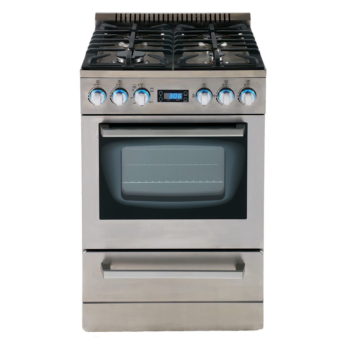 Avanti Gas Range Oven ELITE Series, Compact Freestanding Design, 2.6-Cu.Ft. Capacity 4 Sealed Burners with Electronic Ignition, Includes Broiler Storage Drawer and Accessories,24-Inch, Stainless Steel