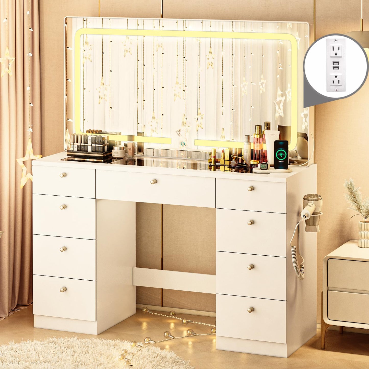 JassmiPkwy 46 INCH Makeup Vanity Desk with Mirror - Glass Tabletop Vanity Table with Lights, Drawers, Power Outlet, Large Storage Desk for Bedroom, White