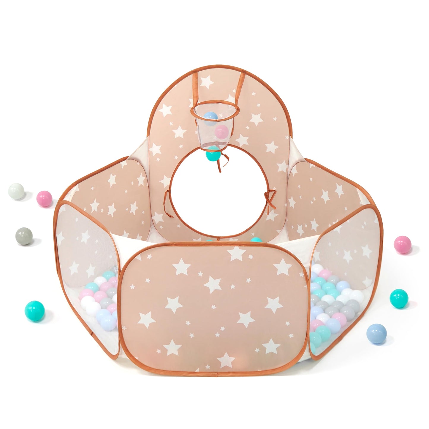 3 in 1 Pop Up Kids Play Tent with Tunnel and Ball Pit for Kids, Boys, Girls, Babies and Toddlers, Indoor/Outdoor Playhouse, Brown/Apricot