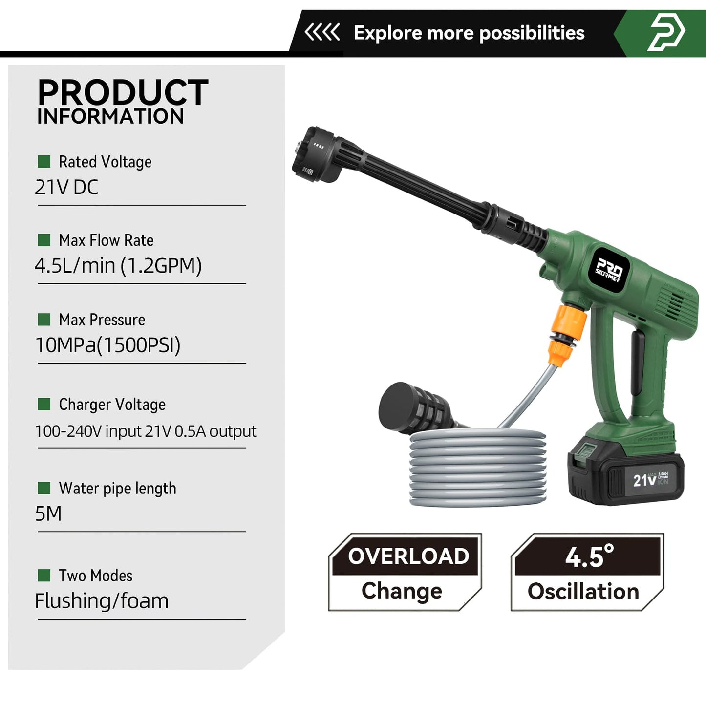 Prostormer Cordless Pressure Washer 1500PSI, Portable Handheld Water Gun with 2PCS 3.0Ah Batteries and Charger, 6-in-1 Nozzle for Car, Home, Floor, Fence