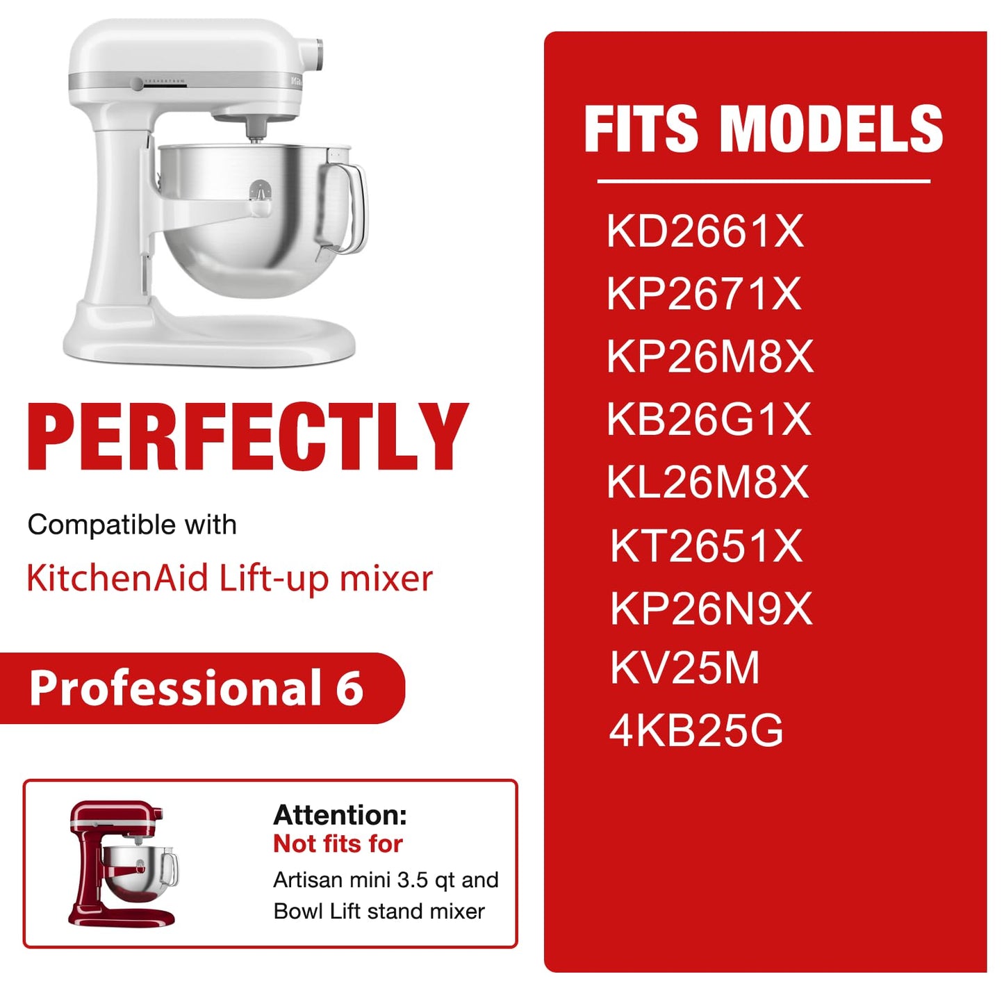 6QT Stainless Steel Flex Edge Beater for KitchenAid Mixer Professional 6 Quart Paddle Attachment Compatible with Kitchen Aid Accessories KD2661X, KP2671X with Silicone Edges Scraper