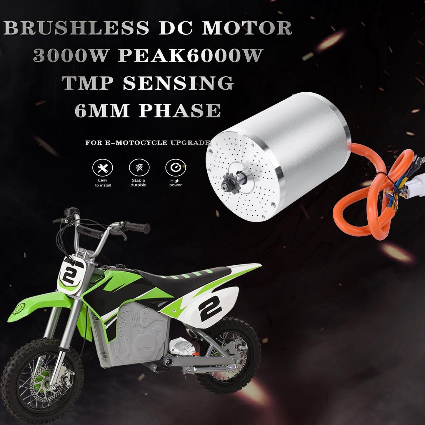 Kunray Electric DC Motor 72V 3000W Motor, Electric Scooter Brushless Motor Max Speed 6700rpm, Electric Dirt Bike Motor Engine, Go Kart Electric Motor with Temperature Sensing