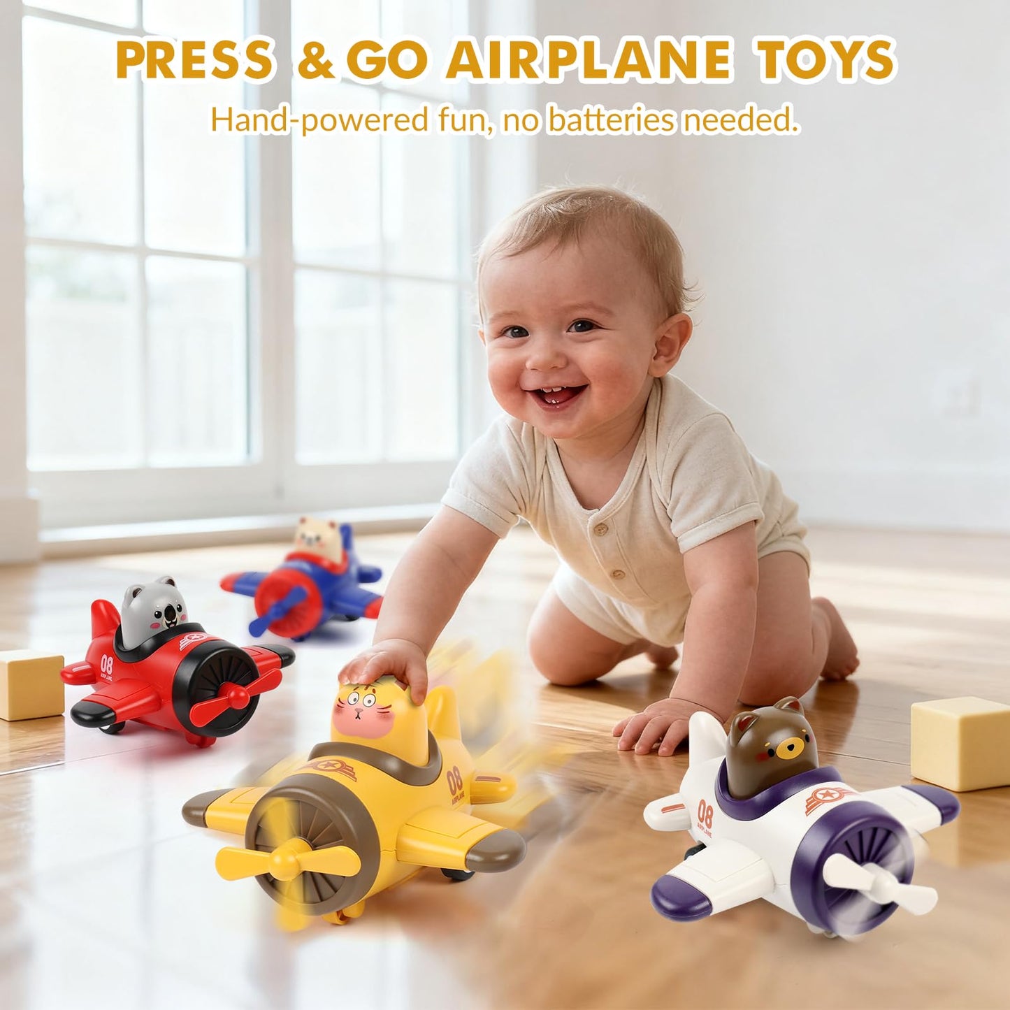 Airplane Toy Cars for Toddlers 1-3 – 4 Pack Press and Go Baby Car Toys, Push Airplanes with Rotating Propellers & Animal Drivers, Safe ABS Friction Cars for Indoor Outdoor Play, Gift for Boys Girls
