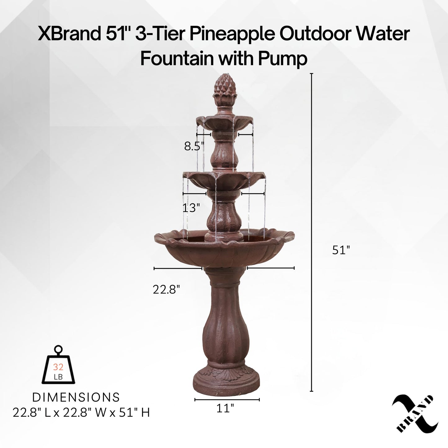 XBrand 51" 3-Tier Outdoor Waterfall Fountain, Weather-Resistant Resin Freestanding Water Feature with Pump, Brown