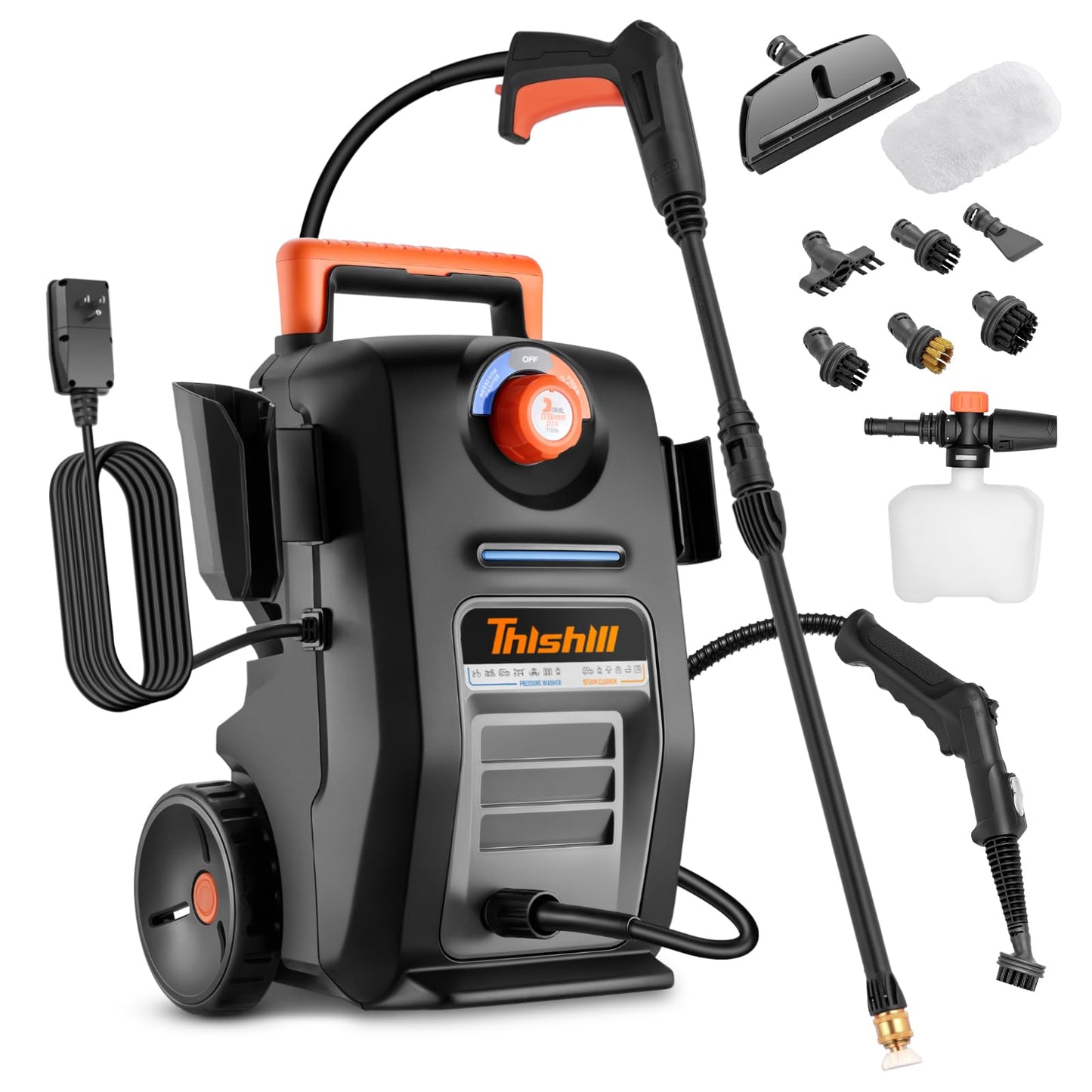 This Hill 2 in 1 Pressure Washer & Steam Cleaner, 2GPM 3000PSI with High Pressure Cleaner, 1500W High-Pressure Steamer for Cleaning, Suitable for Home, Tile, Carpet, Furniture & Personal Car Detailing