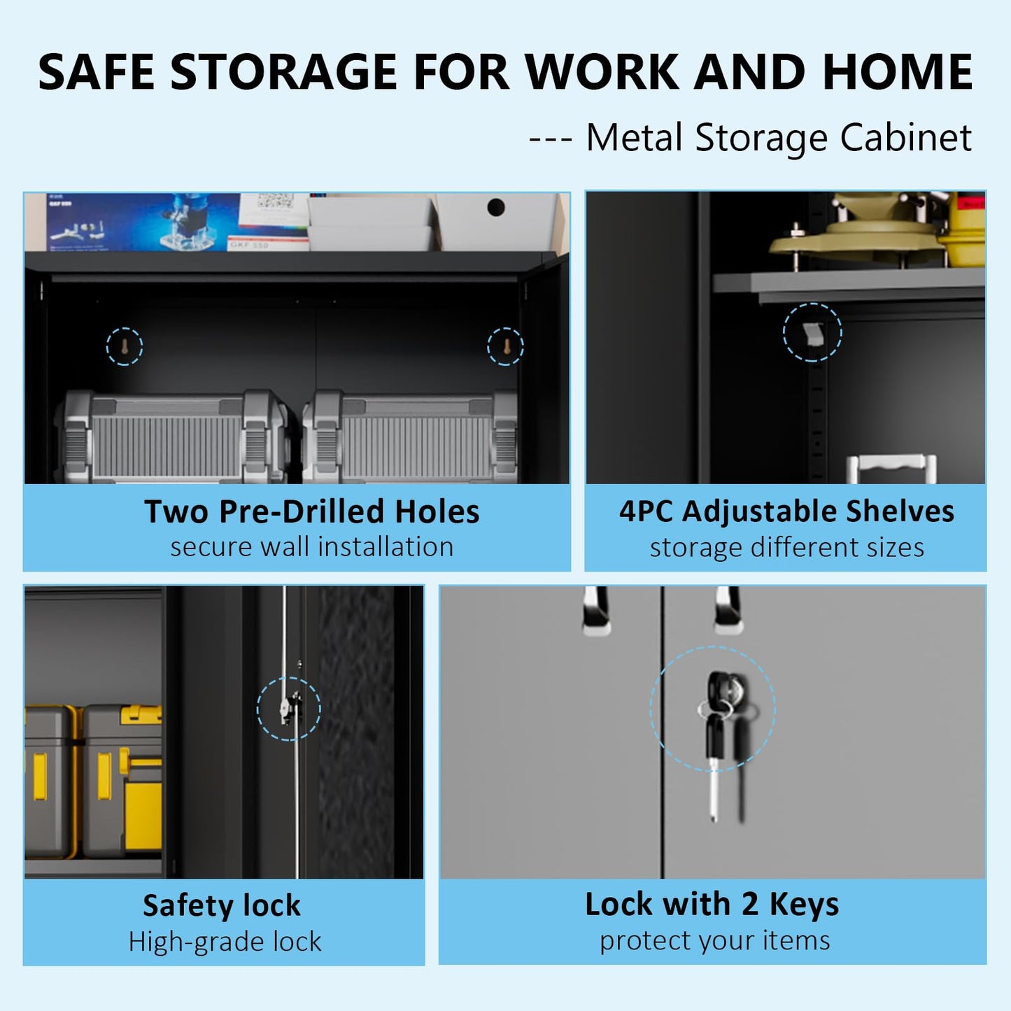 CBCNWR Metal Storage Cabinets with Lock, 71” Metal Garage Storage Cabinet, Black Garage Storage Cabinets with Doors and Shelves, Locking Cabinet for Office, Home, Warehouse, Tool