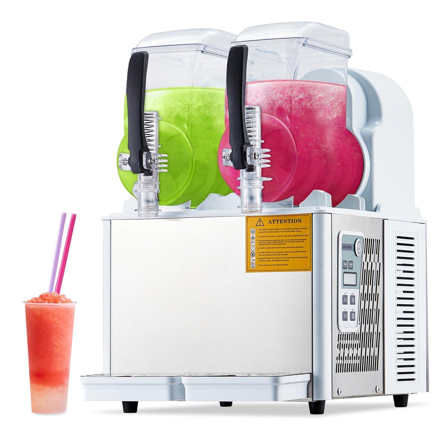 GarveeTech Commercial Slushie Machine - 4Lx2 Dual Tanks, 370W Stainless Steel, Self-Cleaning, Perfect for Frozen Drinks & Snow Melting, Ideal for Home, Coffee Shops & Restaurants White