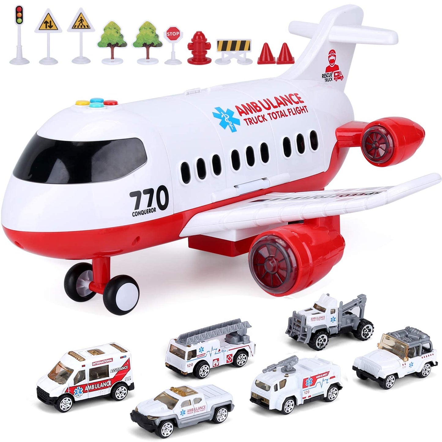 Acksonse Airplane Toy Kids Plane 15 Inches Large with Light and Sound for 3 4 5 6 7 Year Old Boys Girls Toddlers, Ambulance Aircraft Toy Vehicle Play Set with Traffic Signs and 6 Rescue Trucks