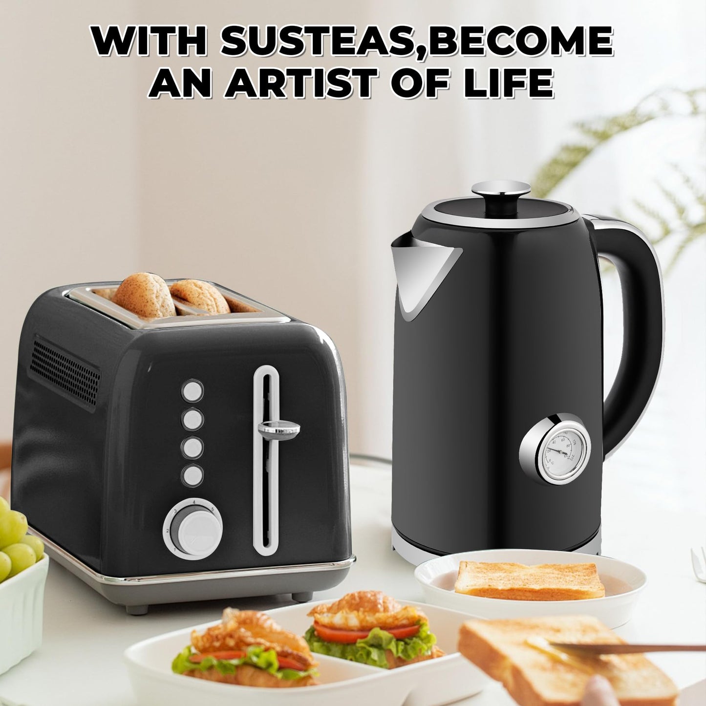 SUSTEAS Electric Kettle Temperature Control - 57oz Hot Water Boiler with Thermometer, 1500W Fast Heating Stainless Steel Tea Kettles, Cordless LED Indicator, Auto Shut-Off & Boil Dry Protection,Black