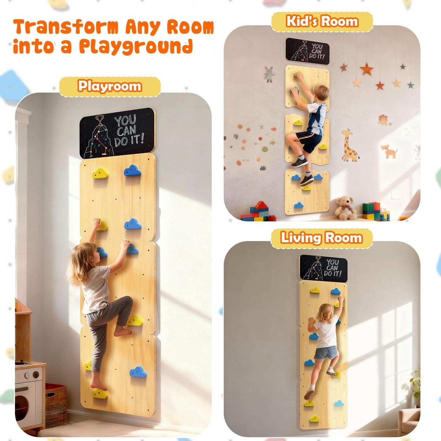 DOLEMODUO Wooden Climbing Wall, Kids Indoor Climbing Wall Panels with 12 Rock Holds, Montessori Climbing Toy for Playroom & Home Gym, Aged 3+