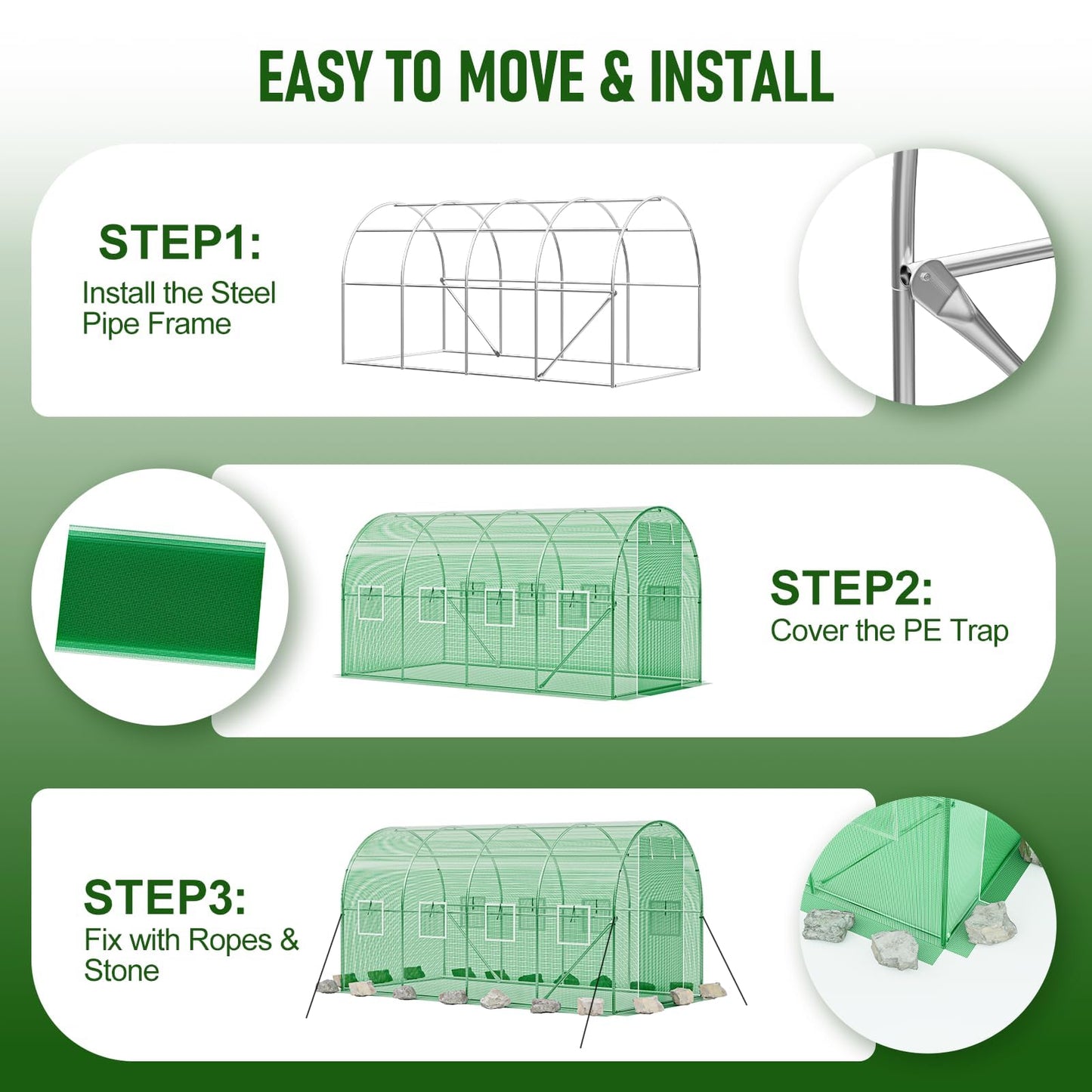 SPECILITE Walk-in Tunnel Greenhouse for Outdoors, 15×7×7 FT Heavy Duty Hoop House Kit with 8 Screen Windows, Thicken PE Cover & Galvanized Frame, Portable Large Green Houses for Outside, Winter, Green