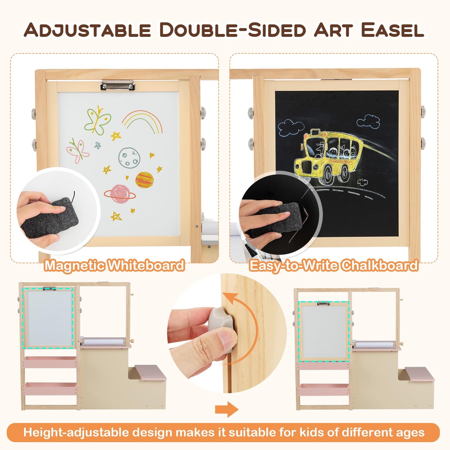 Costzon Easel for Kids, Wooden Art Center with Double-Sided Blackboard & Whiteboard, Paper Roll for Drawing, Crafts, Writing, Toddler Activity Table with Storage, Kids Table and Chair Set (Pink)