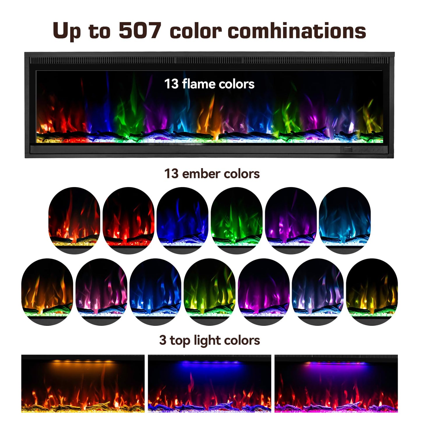 40" Linear Electric Fireplace Heater Insert: Ultra-Narrow Frame Wide Screen, 13 Flame & Ember Colors, 3 Top Light Colors. Wall Mount/Recessed,1500W/750W with Remote & Touch Control, Log & Crystal Set