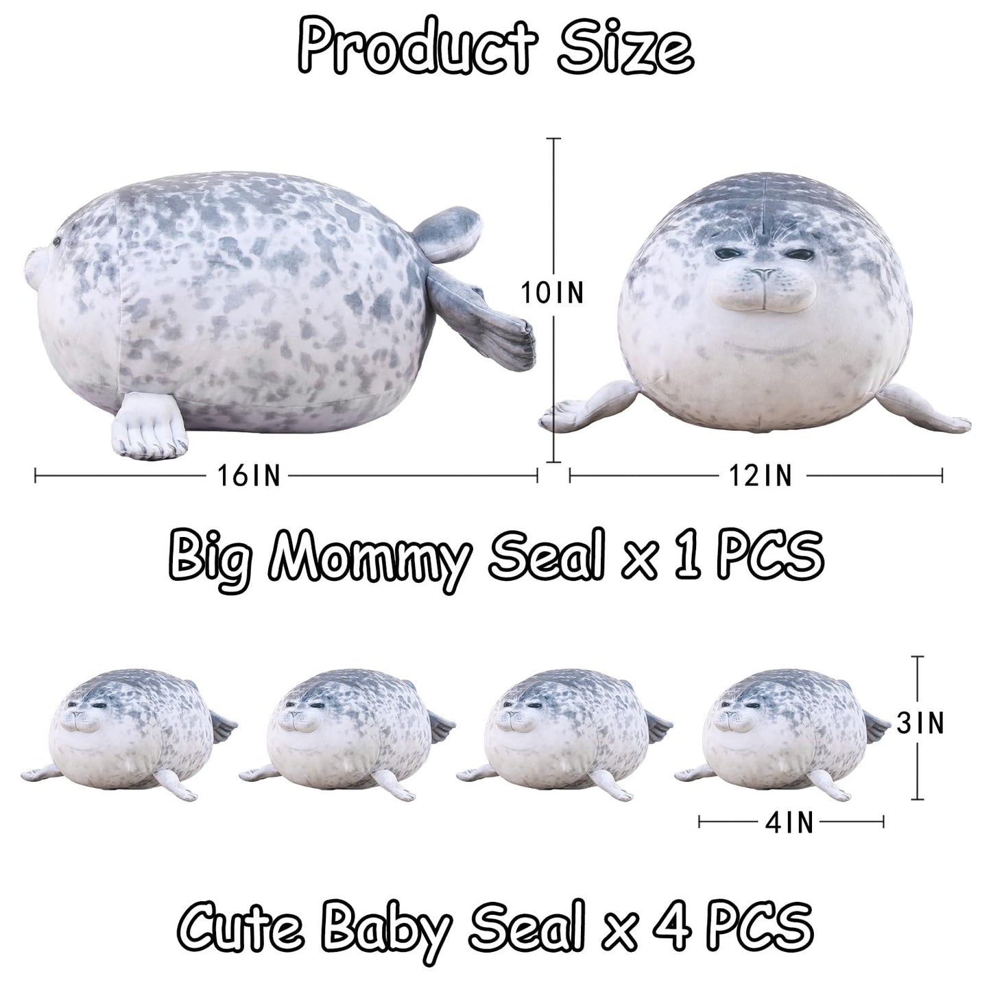 SQEQE Chubby Seal Pillow Plush with 4 Baby Seal Plushies in Her Tummy, Stuffed Cotton Plush Animal Toy for Kids and Adult Gift