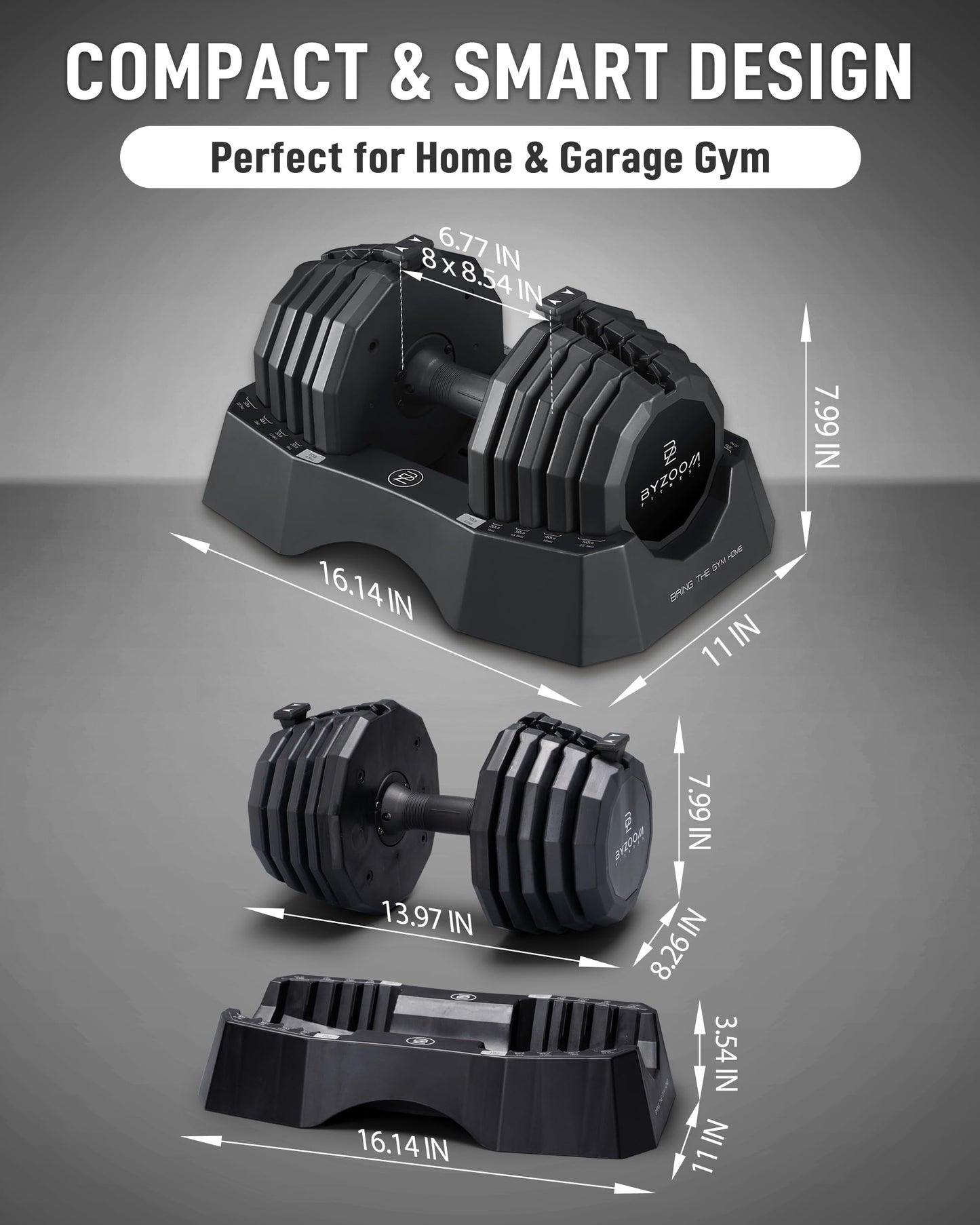 BYZOOM FITNESS Classic Series 50/55LB Adjustable Dumbbell Pair Set of 2, 5-in-1 OR 15-in-1 Patented Secure System, Solid Cast Iron Core, Iconic 12-Sided Polygonal Anti-Roll Base, Professional Heavy Weight for Men and Women, Black (50LB Pair Black)