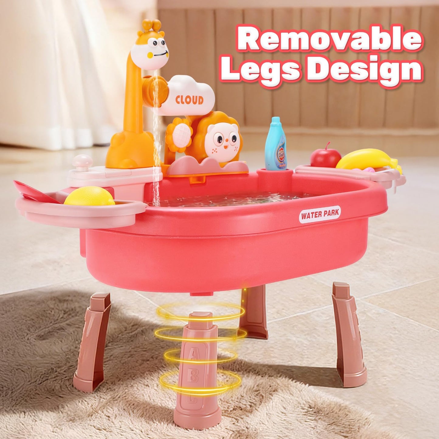 HOLYFUN Play Kitchen Sink with Running Water, Water Table Toy, Sink Toy with Functional Faucet, Play Food, Pots & Pans Kitchen Accessories, Realistic Pretend Play Gift Set for Toddlers and Kids (Pink)