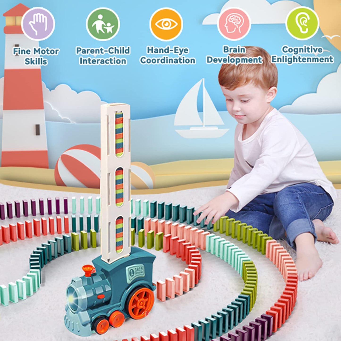 Noaideoi Domino Train Toy Set for Kids, Automatic Dominoes Blocks Building and Stacking Toys Creative Kids Games Early Education Christmas Birthday Gift Boys Girls Age 3 4 5 6 7 8 Year Old (Cyan)