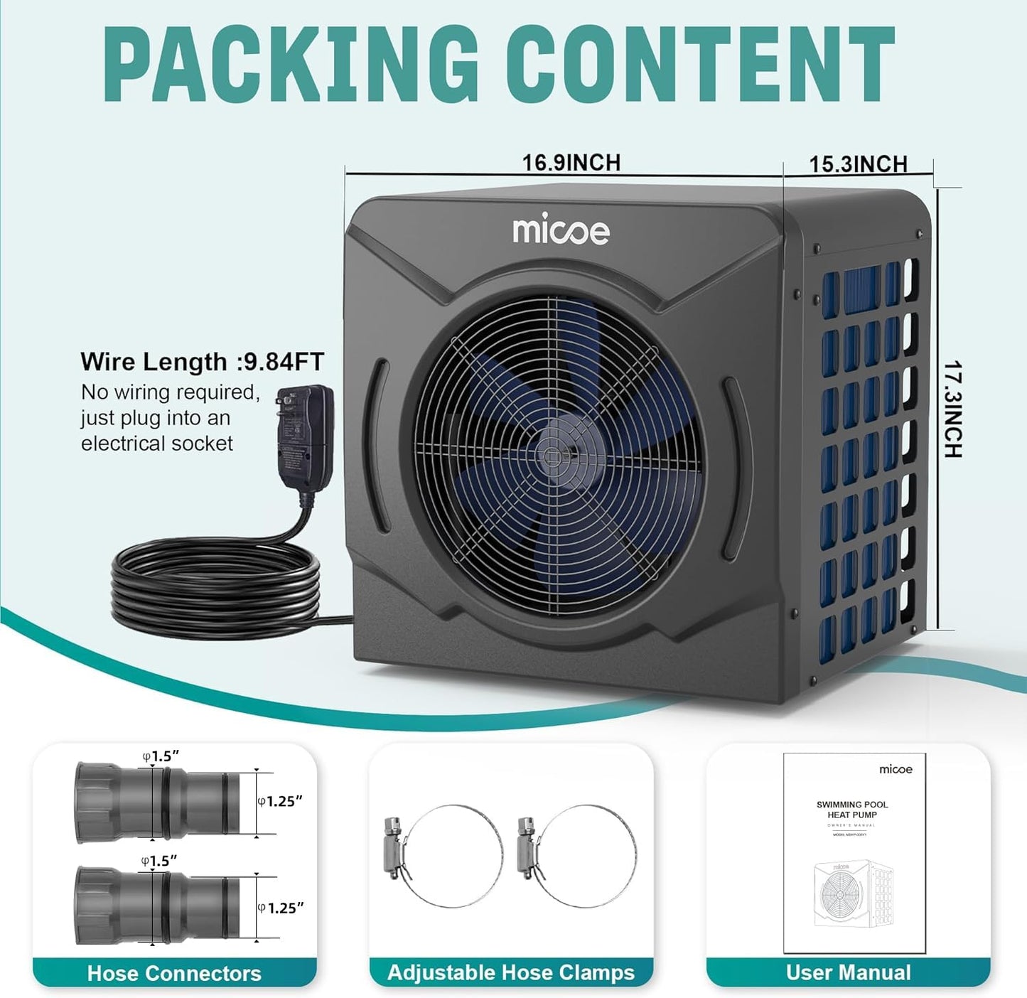 MICOE 17000 BTU Pool Heat Pump Electric Swimming Pool Heater for Above Ground Pools and Spas Up to 5000 Gallons, Titanium Heat Exchanger, Heating and Cooling, 110V/120V
