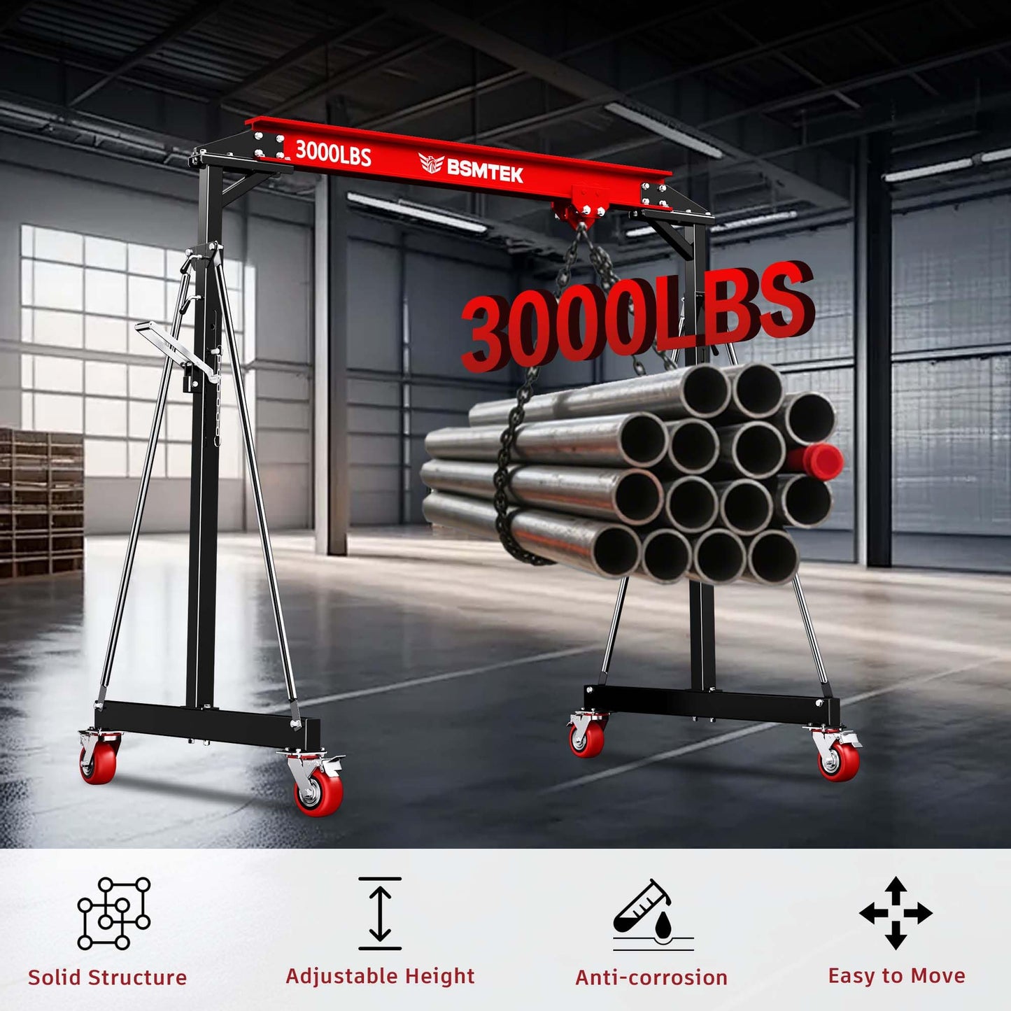 BSMTEK 1.5 Ton Gantry Crane Capacity, 3000LBS Adjustable Height (8.53-12.47 FT) & Width (6.56 FT), Steel I-Beam Construction, Portable Shop Hoist for Factories, Warehouses, Red-2026 Upgraded
