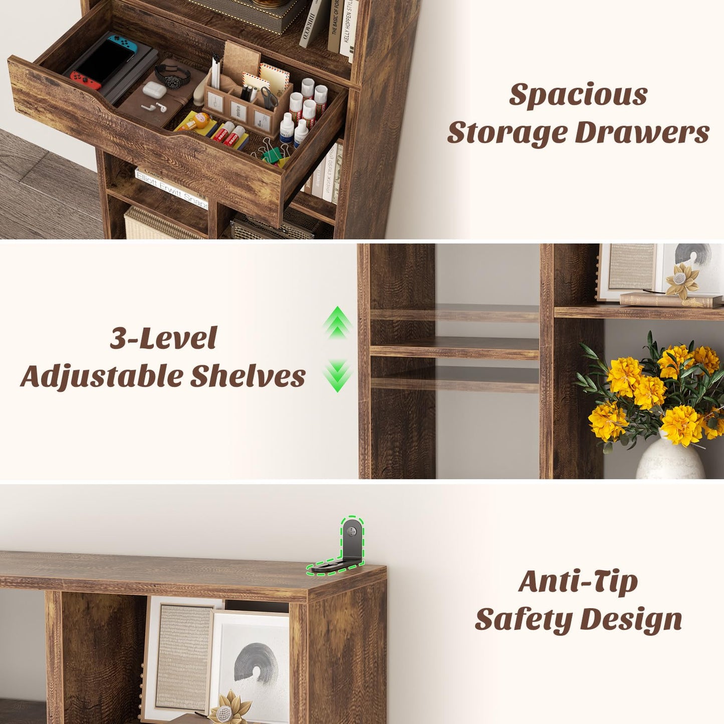 Armocity 8-Tier Book Shelf with Drawer, 73.6" Tall Bookcase and Bookshelf Modern Freestanding Open Display Shelves for Living Room Home Office, Bedroom, Rustic Brown