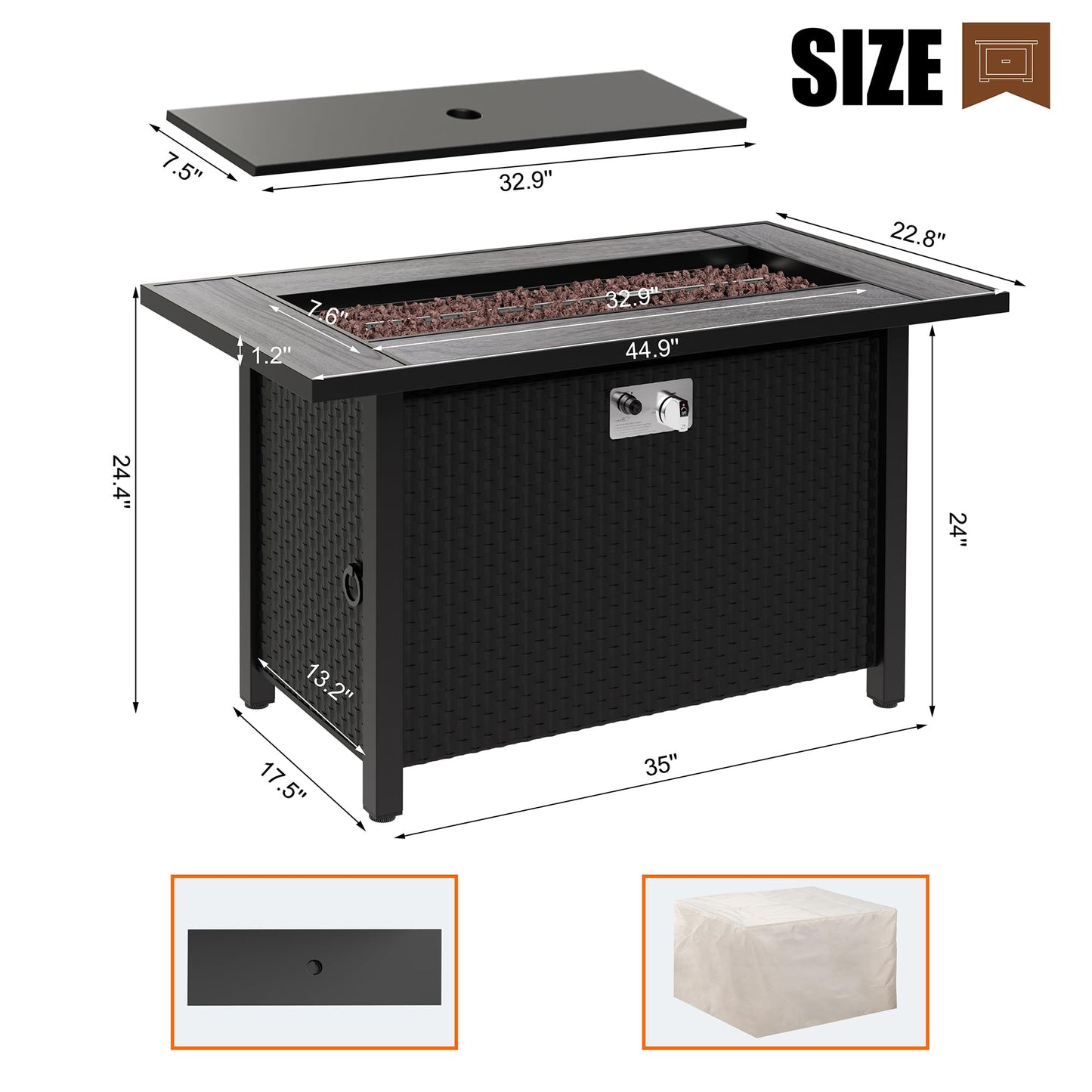 Shintenchi 45 Inch Outdoor Propane Fire Pit 50,000 BTU Gas Fire Pit Table with Lid, Lava Rock, Waterproof Cover, Rectangle Gas Firepit Table for Garden/Patio, CSA Certification