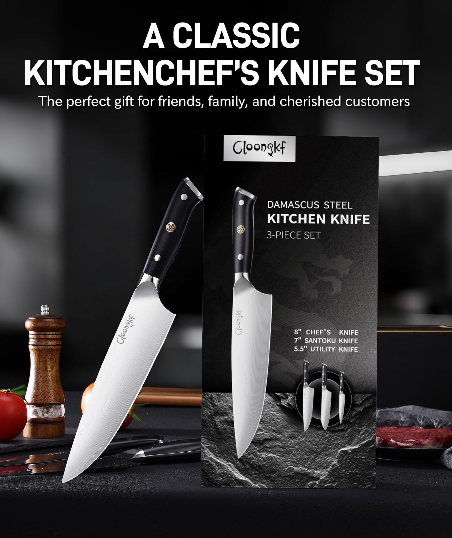 Cloongkf 3-Piece Damascus Kitchen Chef Knife Set- 8" Chef Knife, 7" Santoku, 5.5" Utility Knife Japanese High Carbon Stainless Steel with G10 Handle Gift Box Cutting Tools for Meat, Vegetables