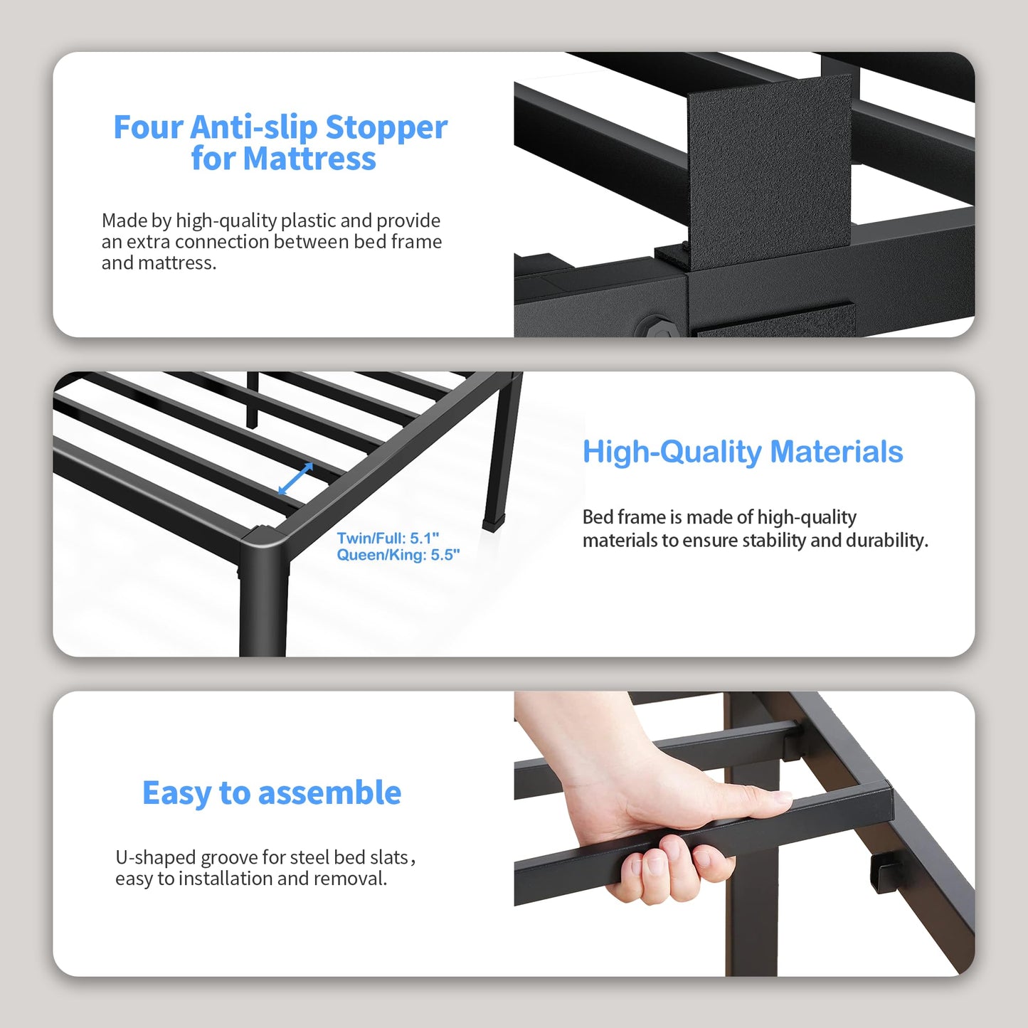 ROIL 14 inch King Size Bed Frame Metal Platform No Box Spring Needed with Headboard Hole Round Corner Legs Mattress Stoppers Retainers 3500LBS Heavy Duty Steel Slats Noise-Free