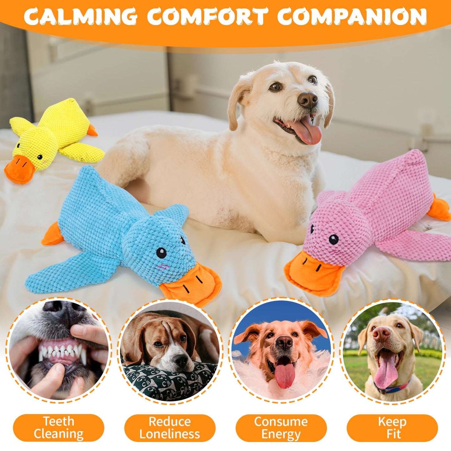 VOXGET Dog Calming Duck Toy, 2026 New Interactive Plush Duck Toy with Quack Sound and Crazy Crinkle for Dogs Keep Busy, Soft Stuffed Calming Pillow for Puppy Reduce Boredom -Yellow, 17.7"x14.9"(L)