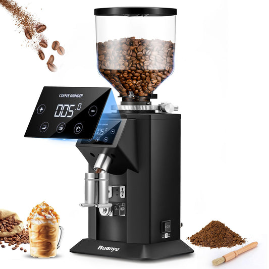 Huanyu Commercial Coffee Grinder with 74mm Flat Burr Reinforced 53oz Bean Hopper (40% Thicker), 15 Stepless Grinds, Touch Screen Black