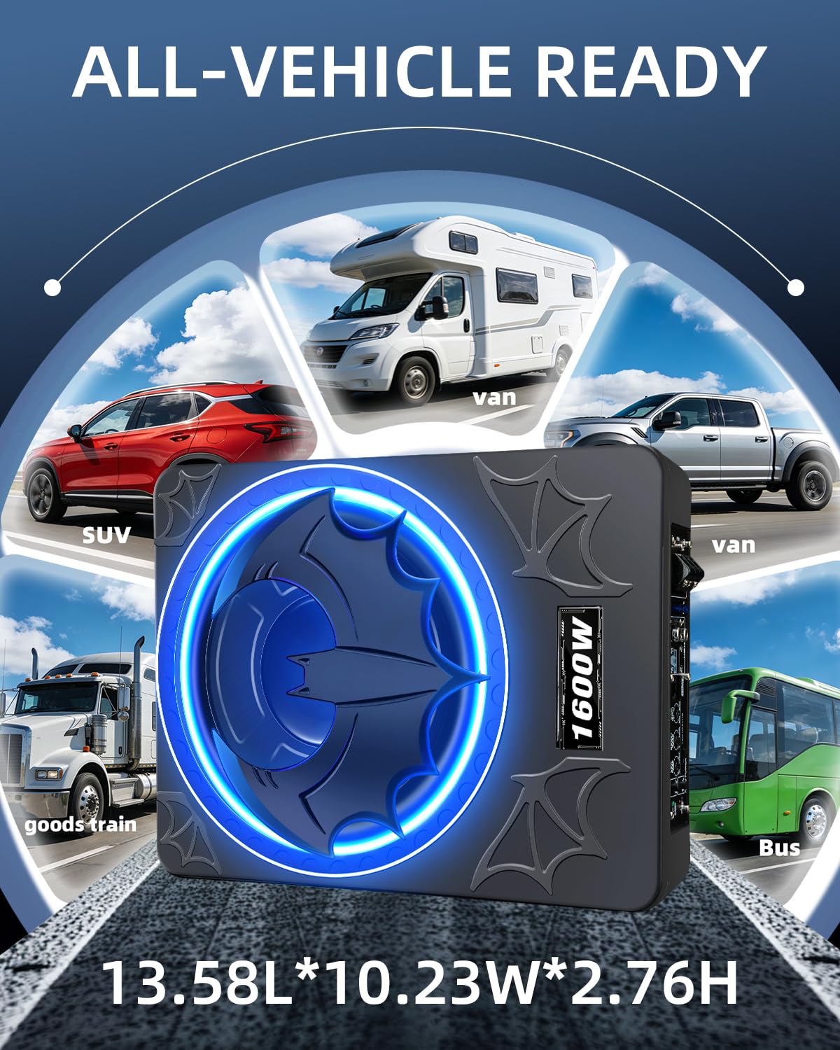 SUBPULSIX 1600W Slim Underseat Car Subwoofer and Amp Package, Powered Under Seat Subwoofer with Built-in Amp, Subsonic Deep Bass, Cast Aluminum, DSP Class D, LED Ambient Light, for Truck SUV Sedan