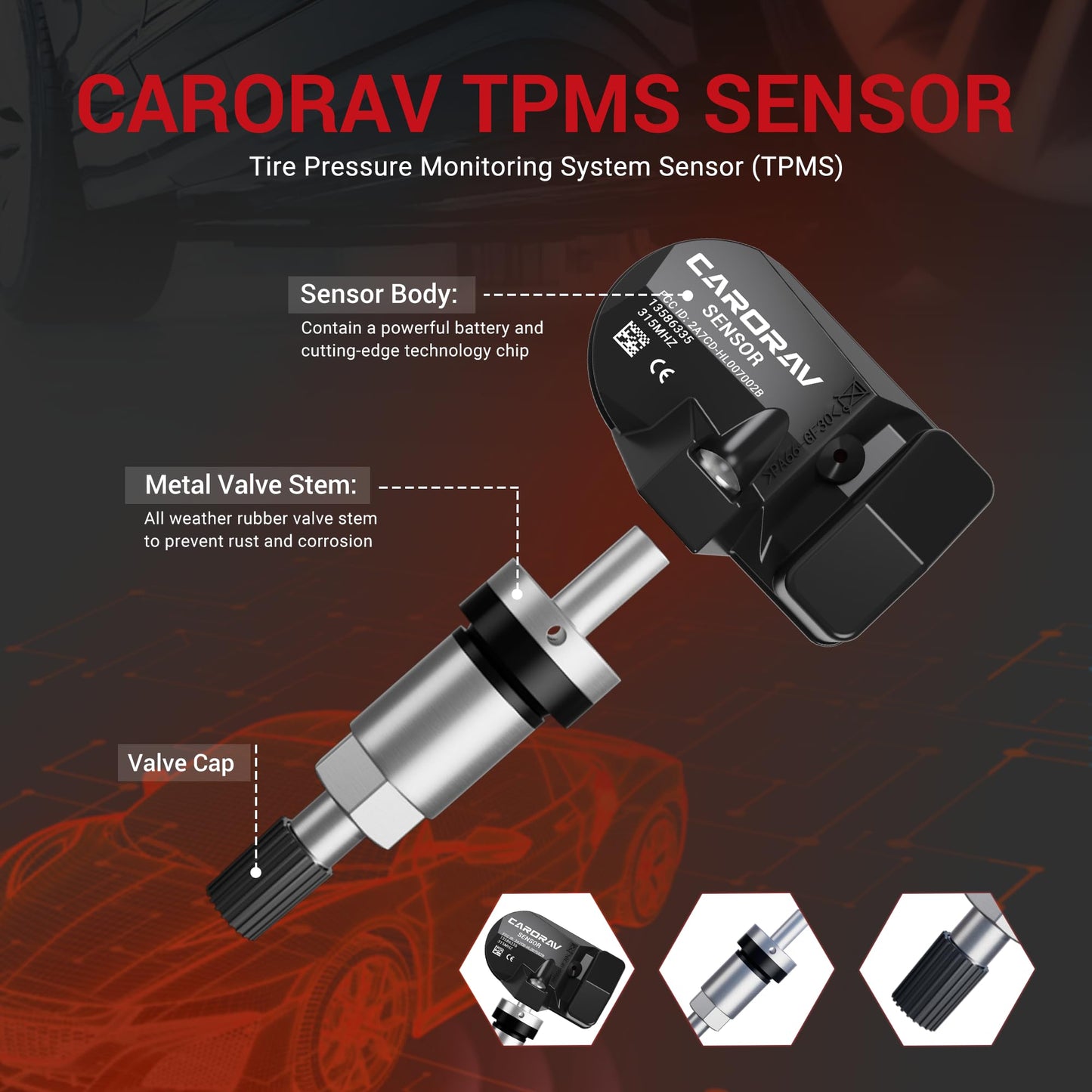 TPMS Sensor GM, 4-Pack Tire Pressure Monitoring System Sensor Replacement for GM Chevy GMC Cadillac Buick, 315MHz OE Replaces for 13586335 13581558 13598771 13598772