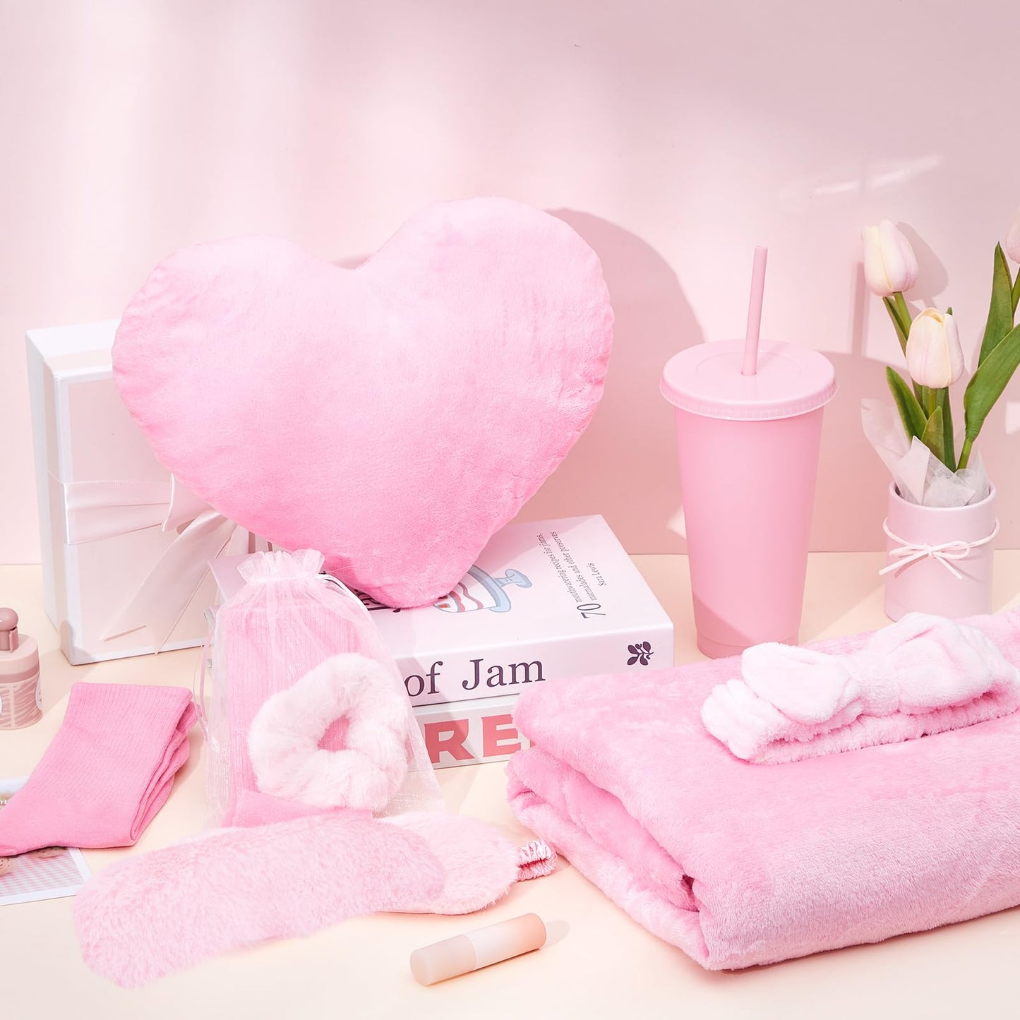 Fanfanwin 48 Pcs Sleepover Party Supplies Spa Birthday Slumber Pajamas Galentines Party Favors Coquette Throw Blanket Pillow Headband Scrunchies Eye Mask Cup Socks(Pink,Solid Color)