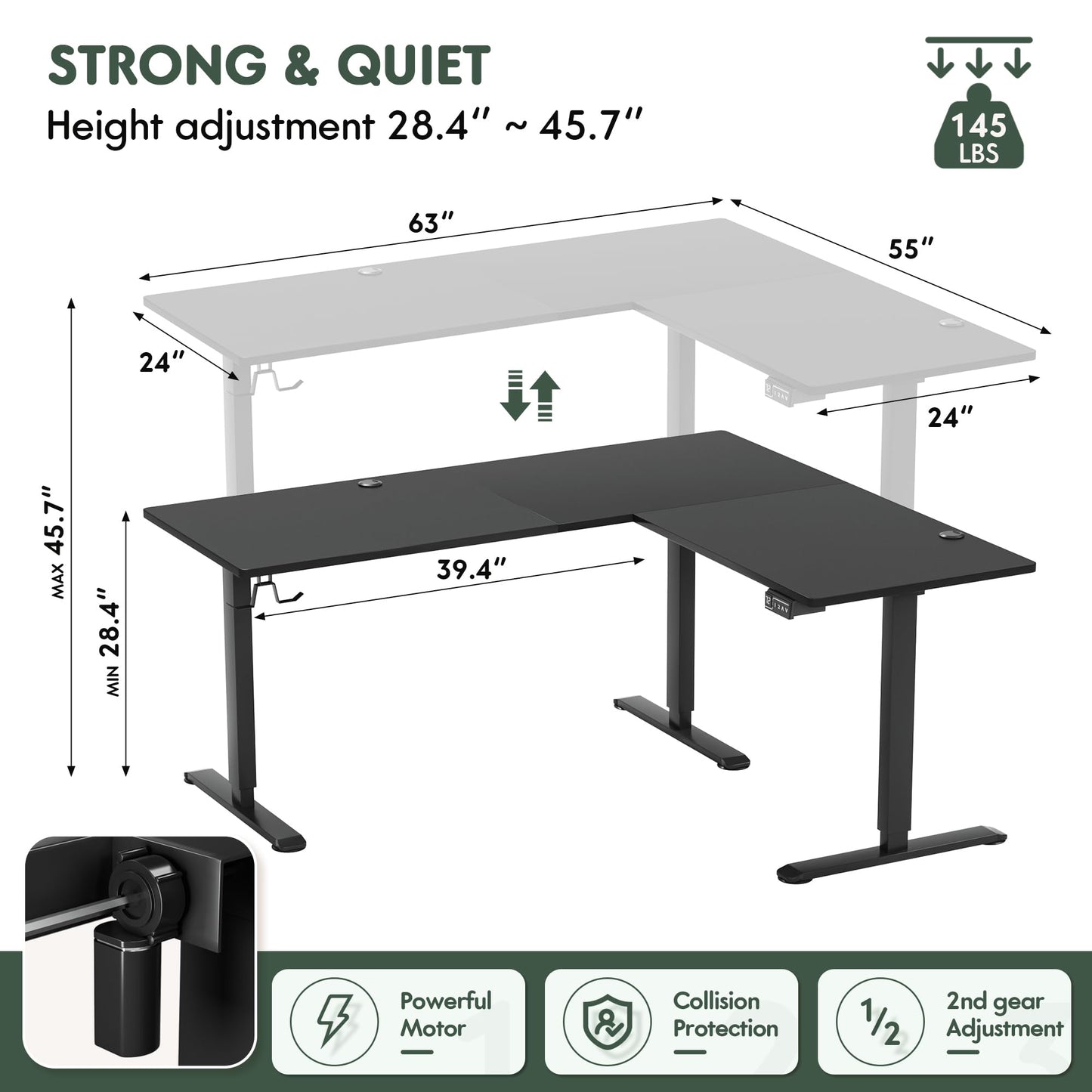 Furmax L Shaped Standing Desk with 2 Preset Heights, Electric Height Adjustable Computer Table, 2 Hooks & Feet Balance, Corner Sit Stand Desk for Home Office