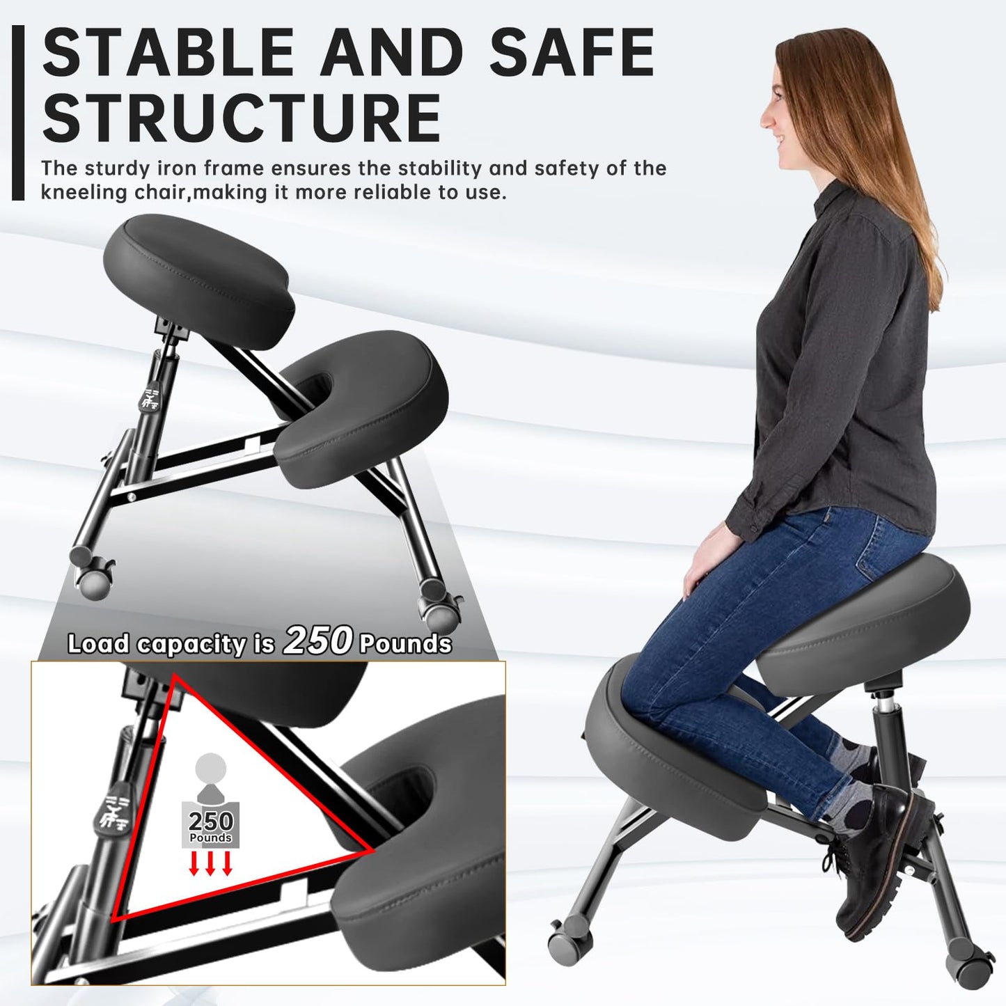 PU Leather Ergonomic Kneeling Chair, Adjustable Home and Office Stool with Thick Pads and Flexible Lockable Brake Wheels for Back Pain Relief（Dark Gray）