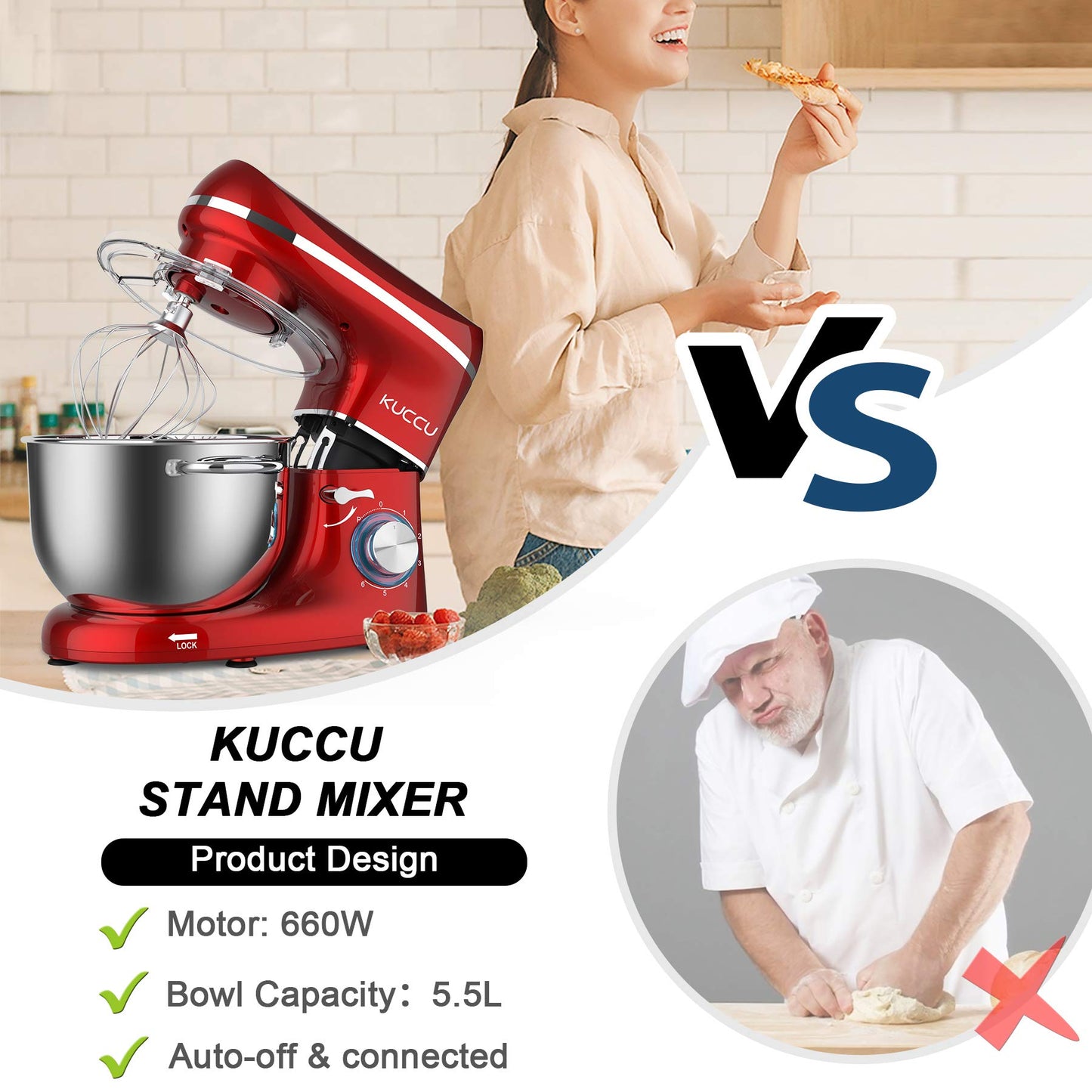 KUCCU Stand Mixer, 6.5 Qt 660W, 6-Speed Tilt-Head Food Dough Mixer, Kitchen Electric Mixer with Stainless Steel Bowl,Dough Hook,Whisk, Beater, Egg white separator