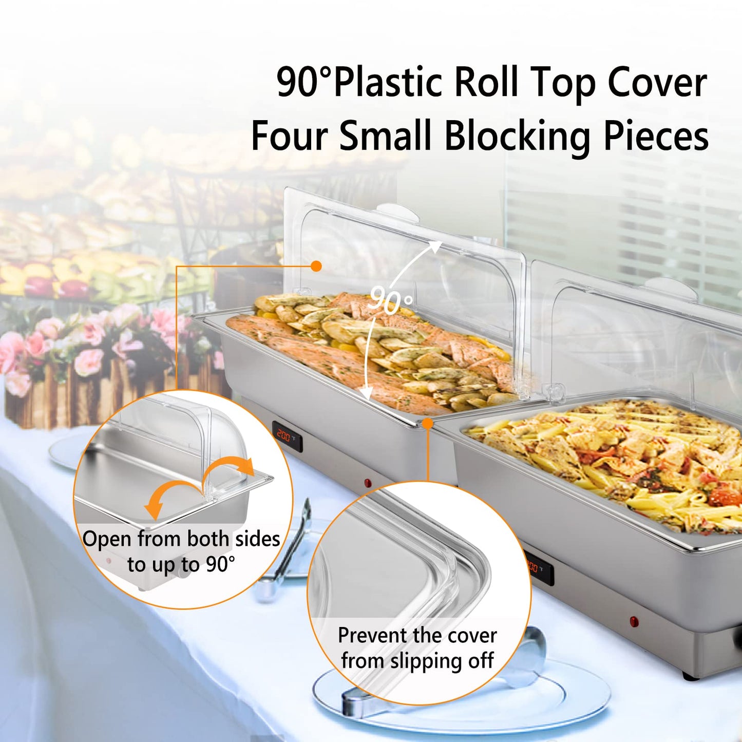 ROVSUN 2 Pack Electric 9 QT Stainless Steel Chafing Dish Buffet Set, NSF Roll Top Catering Chafer Server Food Warmer with Full Size & 2 Detachable Food Pans,Transparent PC Lid for Party Wedding
