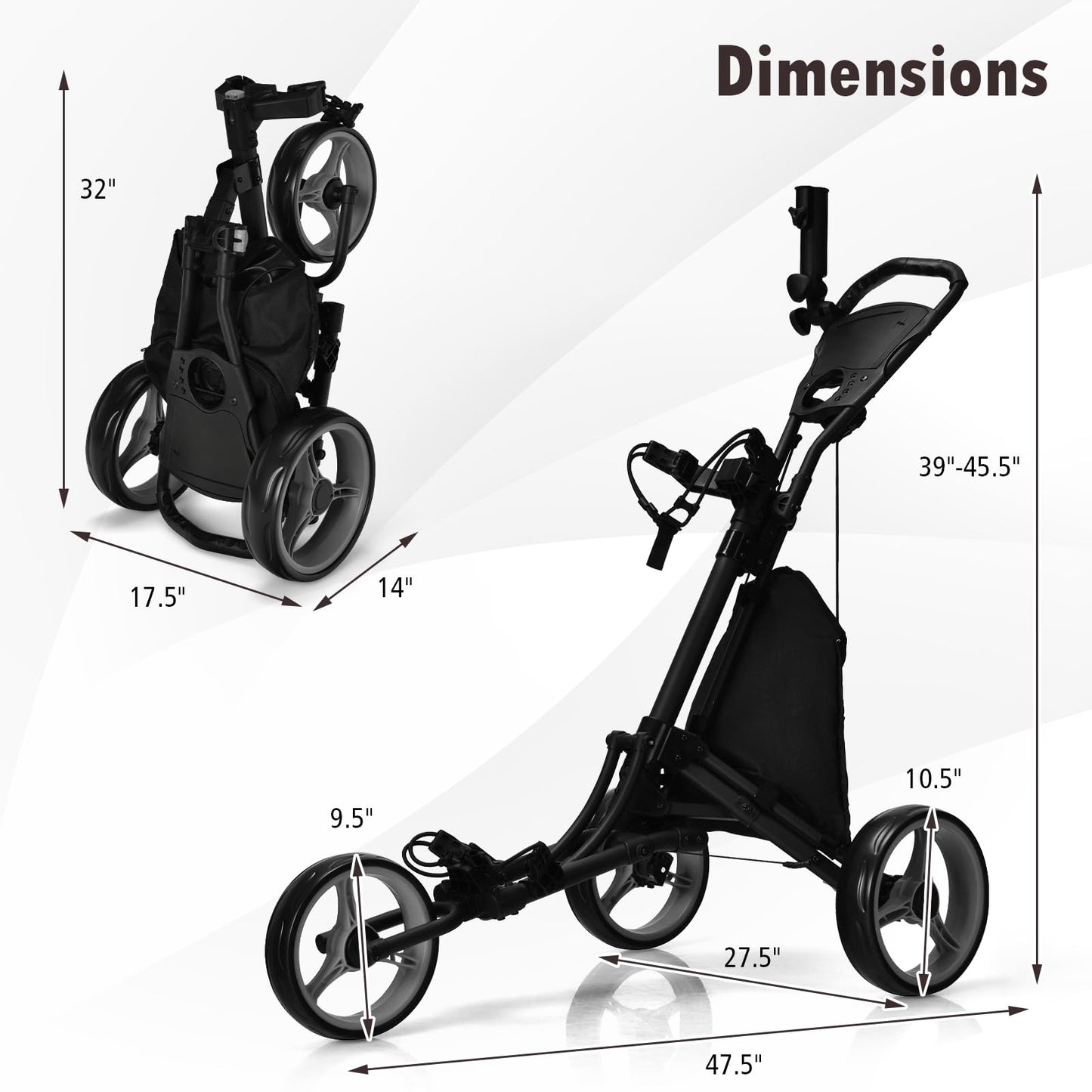 ULTIMATE 3 Wheel Golf Push Cart, Aluminum Folding Golf Walking Push Cart w/Elastic Strap, Umbrella & Cup Holder, Scoreboard Storage, Insulated Storage Bag, Adjustable Handle & Foot Brake (Gray)