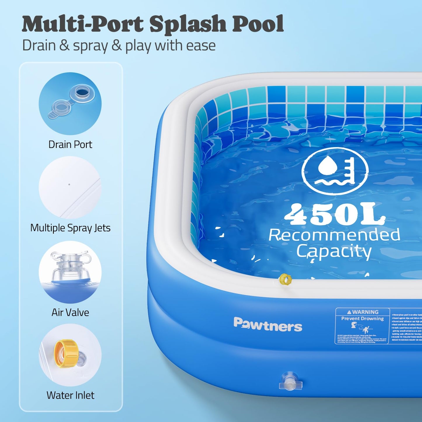 Inflatable Pool for Kids, Non-Slip Sprinkler Splash Pad for Backyard, Thickened PVC Kiddie Pool for Indoor Outdoor, Chew Proof Blow up Pond, Small Swimming Pool for Dog Bathtub (Blue 64.2x12.2 in)
