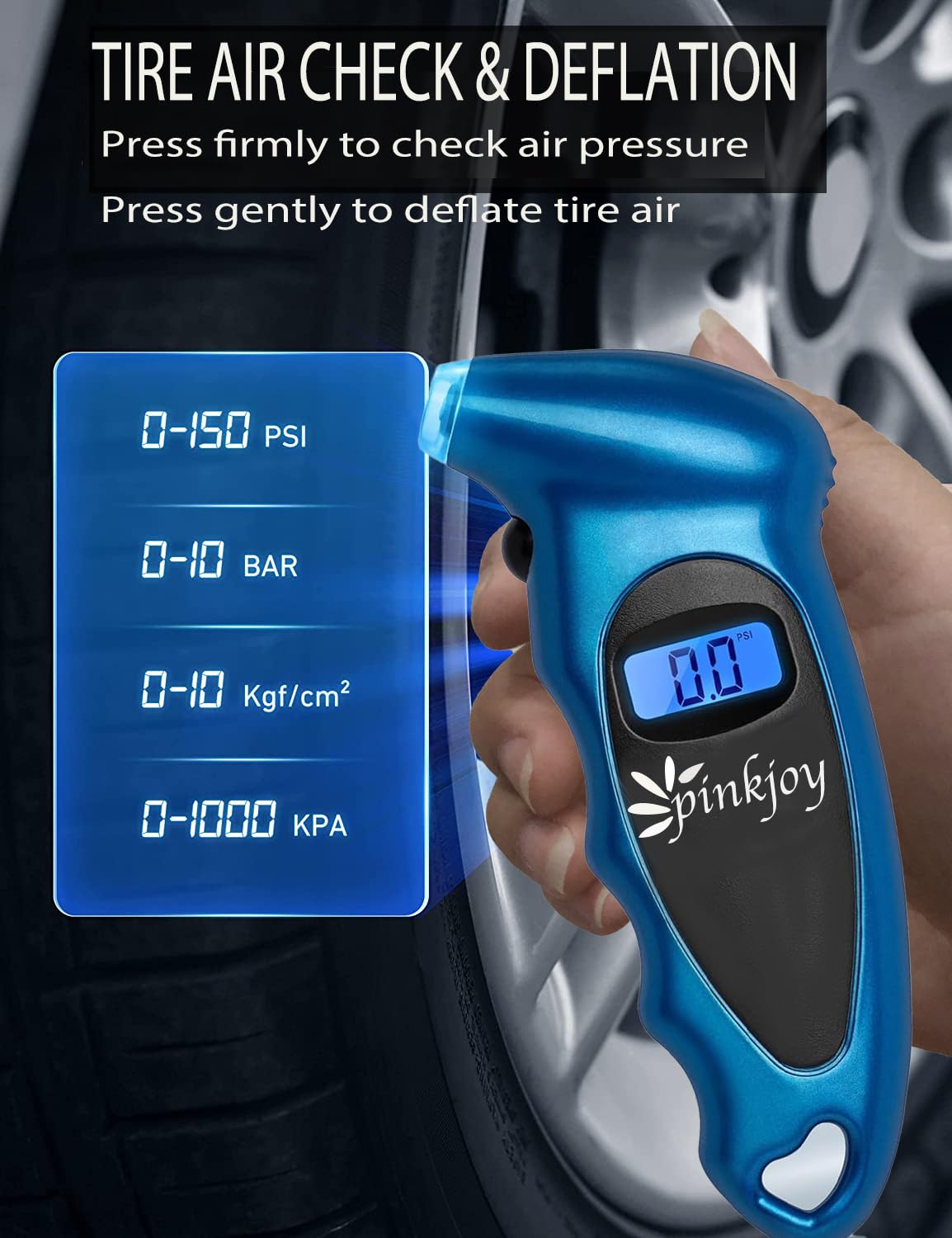PINKJOY Digital Tire Pressure Gauge 150 PSI, 4 Settings, Tire Gauge for Car, Truck, Motorcycle, Bicycle with Backlit LCD and Non-Slip Grip (Blue)