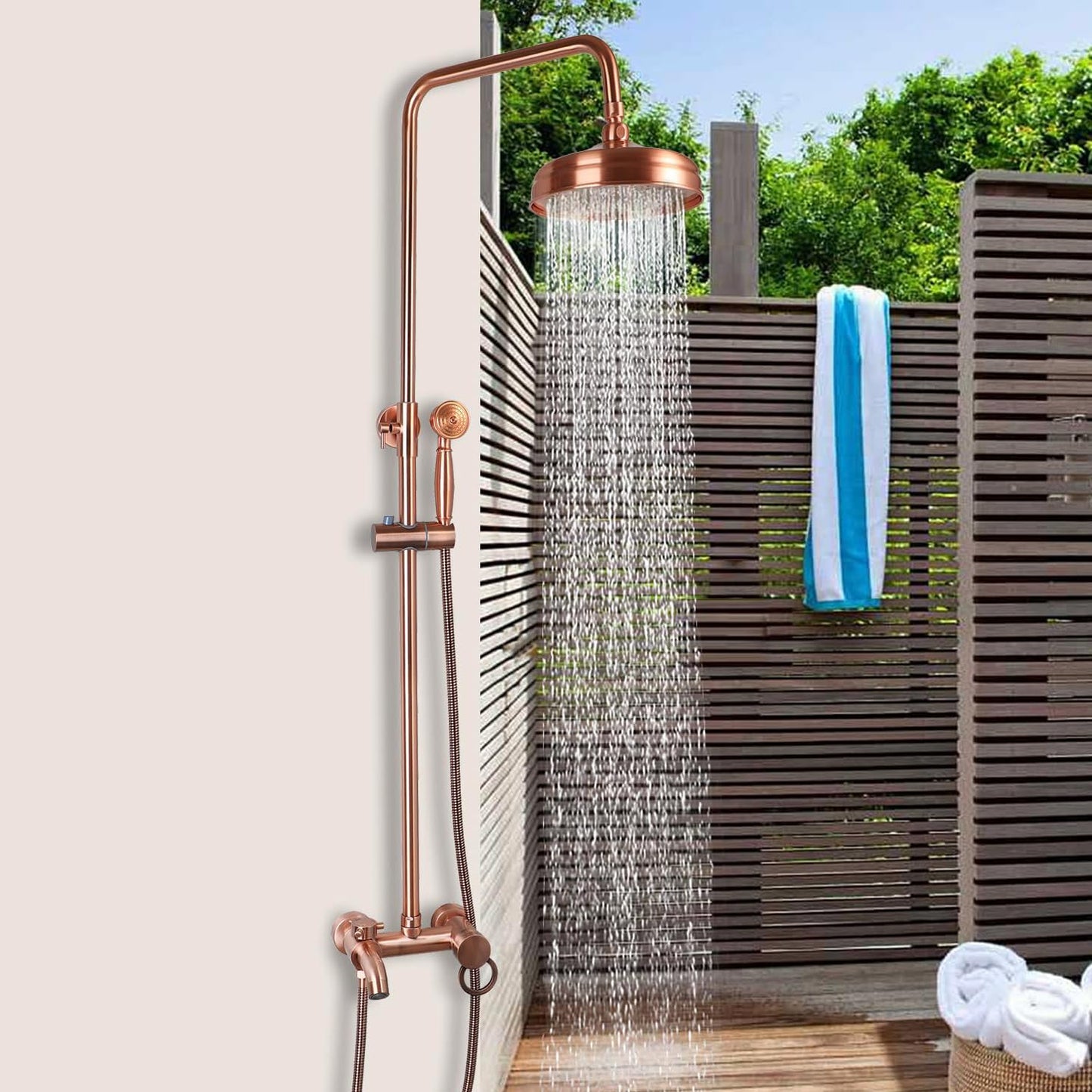 KECTIAKL Antique Copper Exposed Shower System 8 Inch Rainfall Shower Head 3 Functions Wall Mounted Outdoor Shower Fixtures Bathroom Shower Kit Antique Brass Shower Faucet Set
