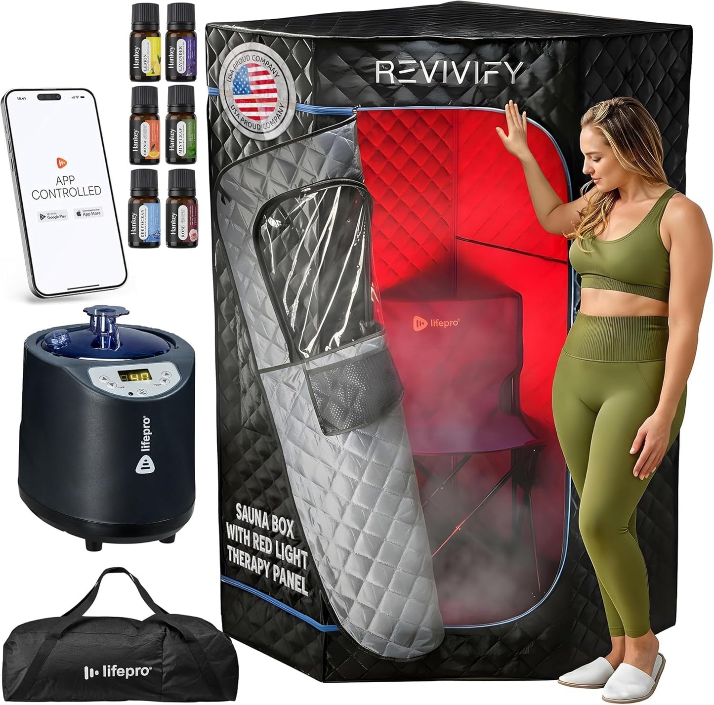 LifePro Revivify Deluxe Sauna with Red Light Therapy – Full Body Steam Room with 2.6L Steamer, Adjustable Heat Levels & Essential Oils – Easy-to-Use Portable Infrared Sauna for Home