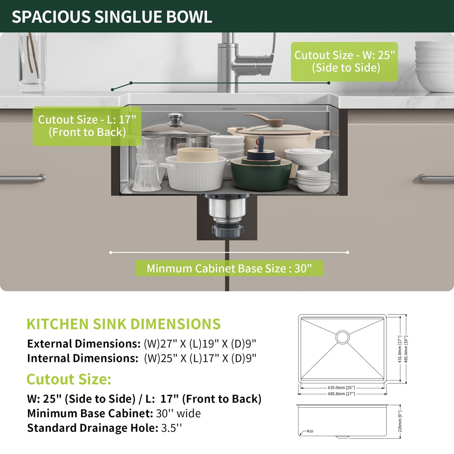 27-inch Undermount Kitchen Sink Workstation, SINKVINE 25x19 Outdoor Sink BBQ, Stainless Steel Single Bowl Basin w/Sapele-Wood Cutting Board, SST Colander w/Wood Handle, and Roll-up Dish Drying Unit