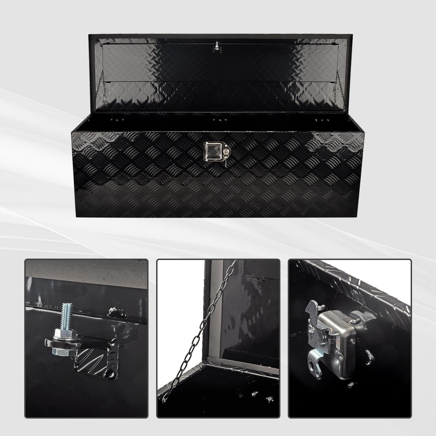 FGJQEFG 48 Inch Heavy Duty Aluminum Truck Tool Box Pick Up Truck Bed RV Trailer Toolbox Storage Organizer with Side Handle, Lock & Keys，Black,5 Bar Tread 48"(L) X15''(W) X15(H) Storage Box