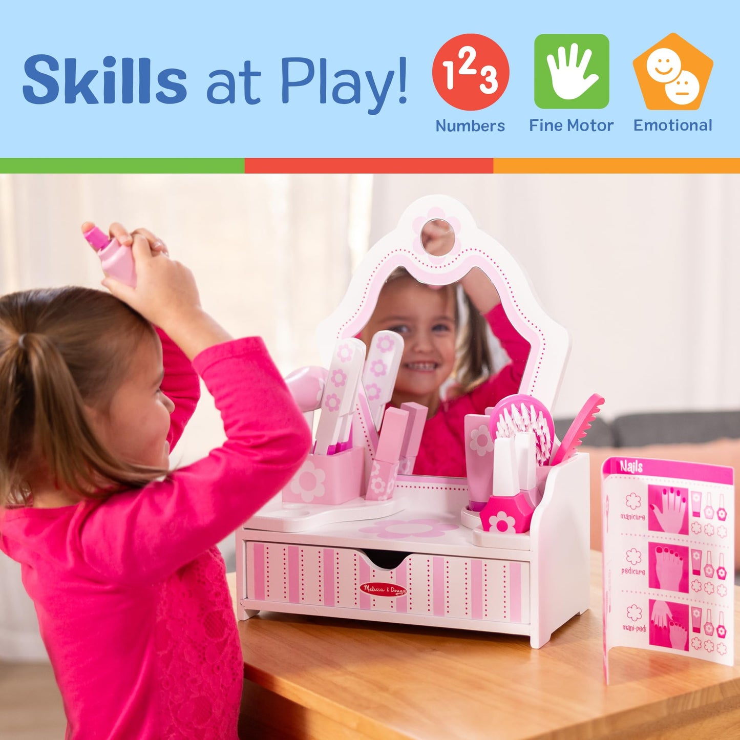 Melissa & Doug Wooden Beauty Salon Play Set, 18-Piece Vanity with Pretend Play Toys, Makeup, Mirror, Accessories & More, Preschool Toys for Girls & Boys Ages 3+ - FSC Certified