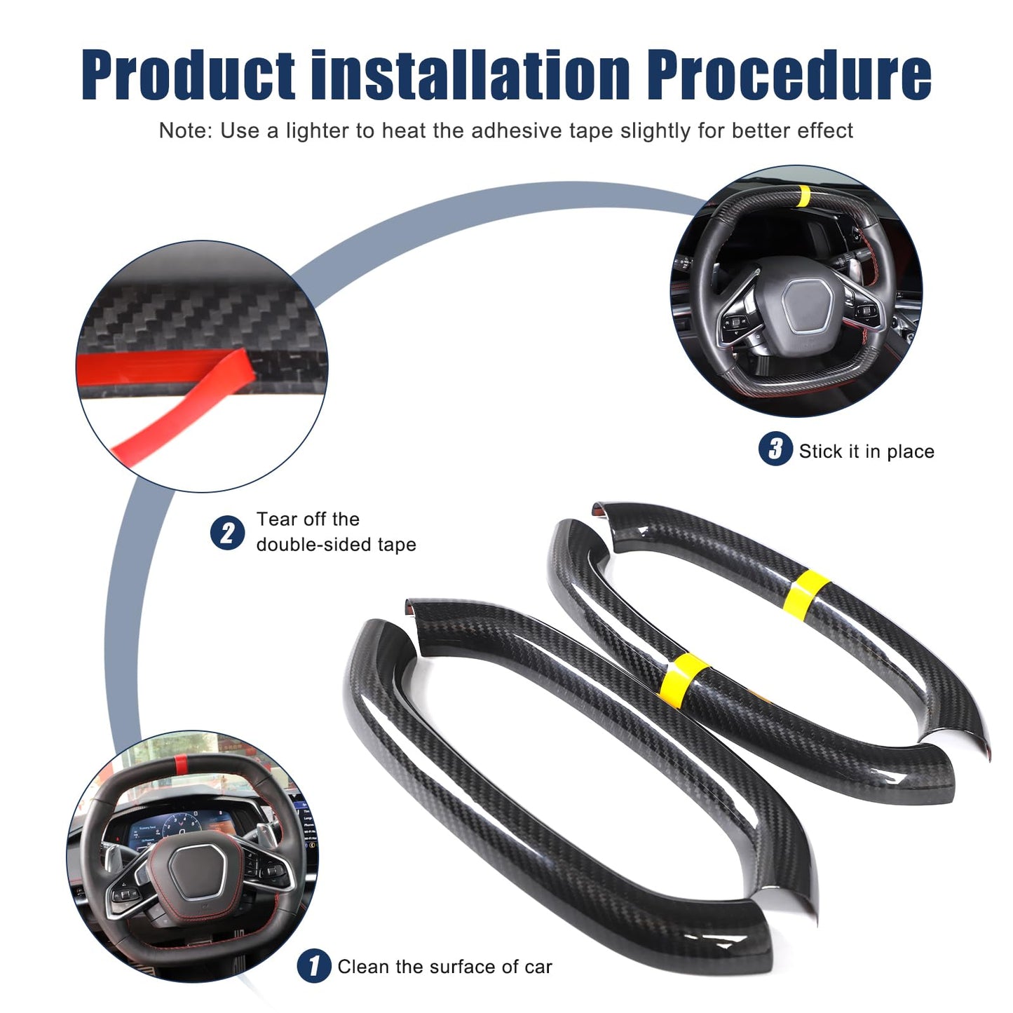 Steering Wheel Cover Trim Compatible with Chevrolet Corvette C8 2020-2026 100% Real Carbon Fiber 4PCS,Steering Wheel Circle Round Cover,Interior Protection Accessories (Black Carbon-Yellow)
