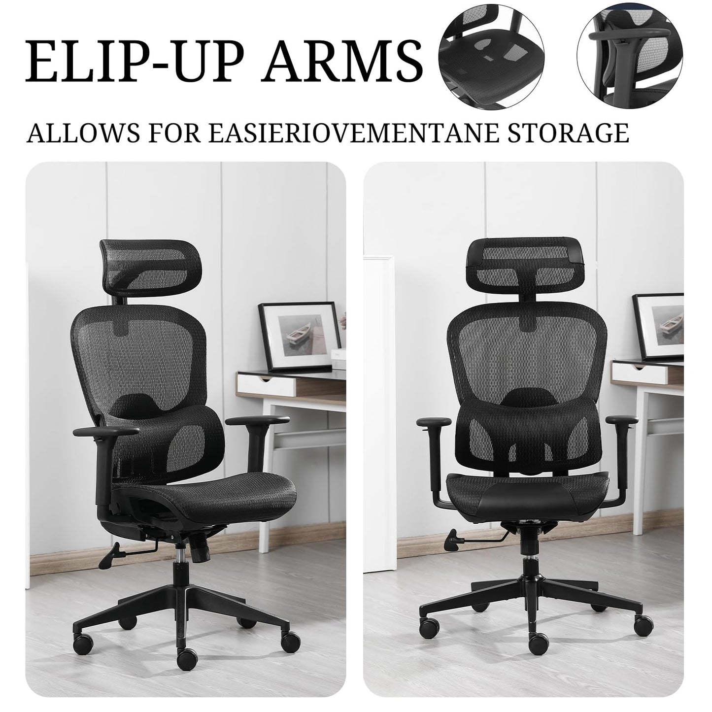 SinFurn Grod Ergonomic Mesh Office Chair with Lumbar Support - Adjustable Seat Height, Flip-Up Arms Breathable Mesh Desk Chair for Home Office, Work & Gaming (Black)