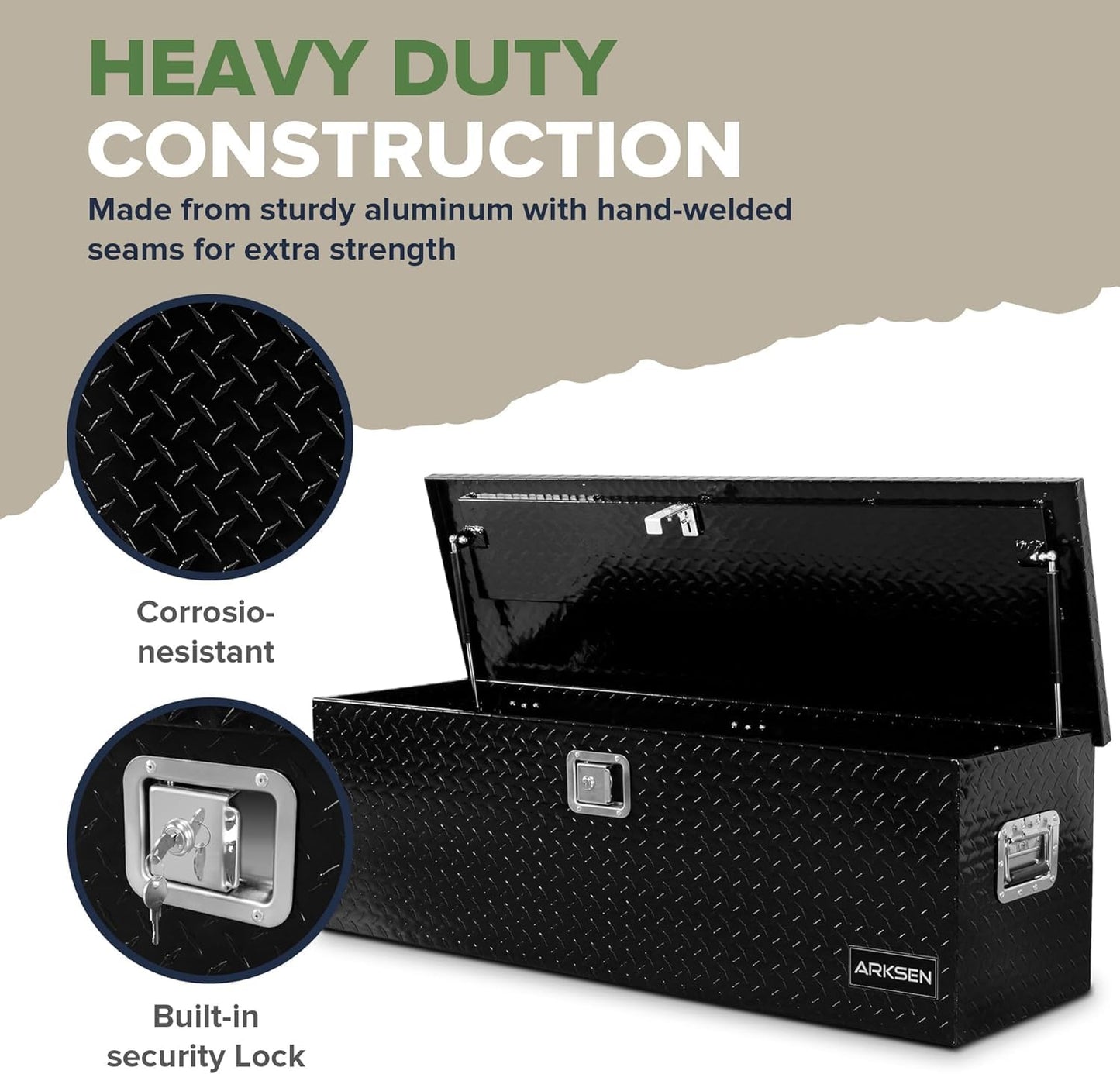ARKSEN 49" Aluminum Diamond Plate Tool Box,Heavy Duty Waterproof Truck Storage Organizer Chest for Pick Up,Truck Bed, RV Trailer with Side Handle, Lock and Keys - Black