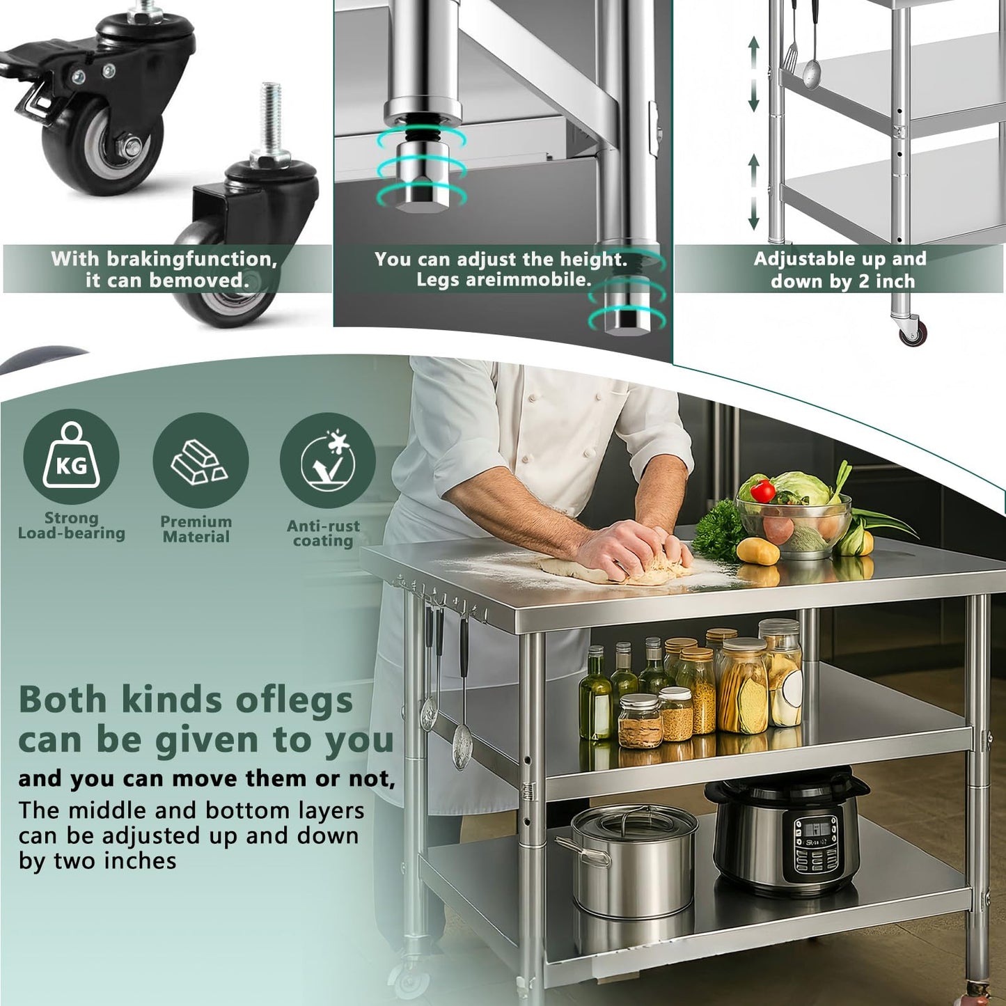 Stainless Steel Table with Wheels for Food Preparation and Work, Multi-Size Optional, Three-Layer Variable Two-Layer Metal Commercial Workbench Outdoor, Restaurant, Kitchen (48" Lx24 Wx34 H)